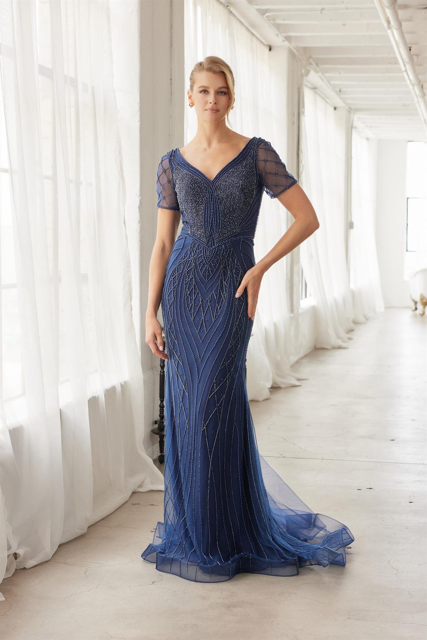 Plus Size Dresses Long Formal Fitted Beaded Mother of the Bride Dress Navy Blue