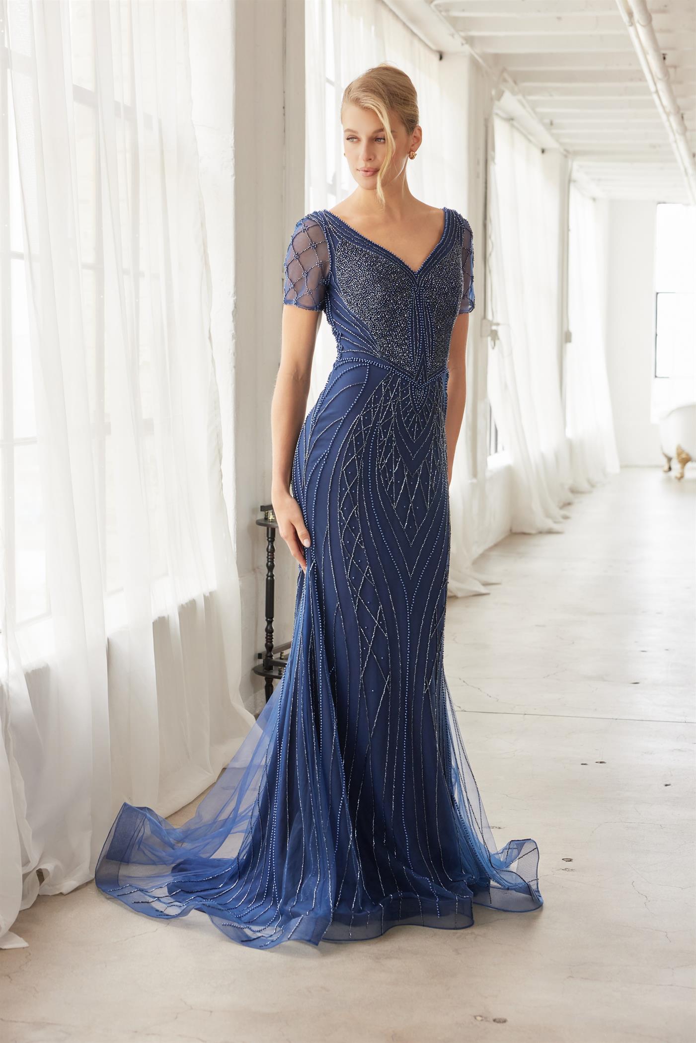 Plus Size Dresses Long Formal Fitted Beaded Mother of the Bride Dress Navy Blue