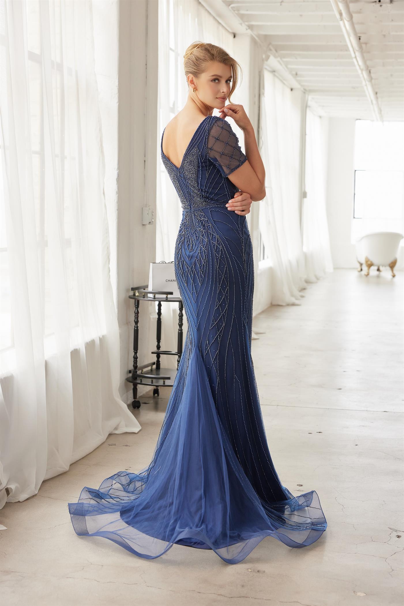 Plus Size Dresses Long Formal Fitted Beaded Mother of the Bride Dress Navy Blue