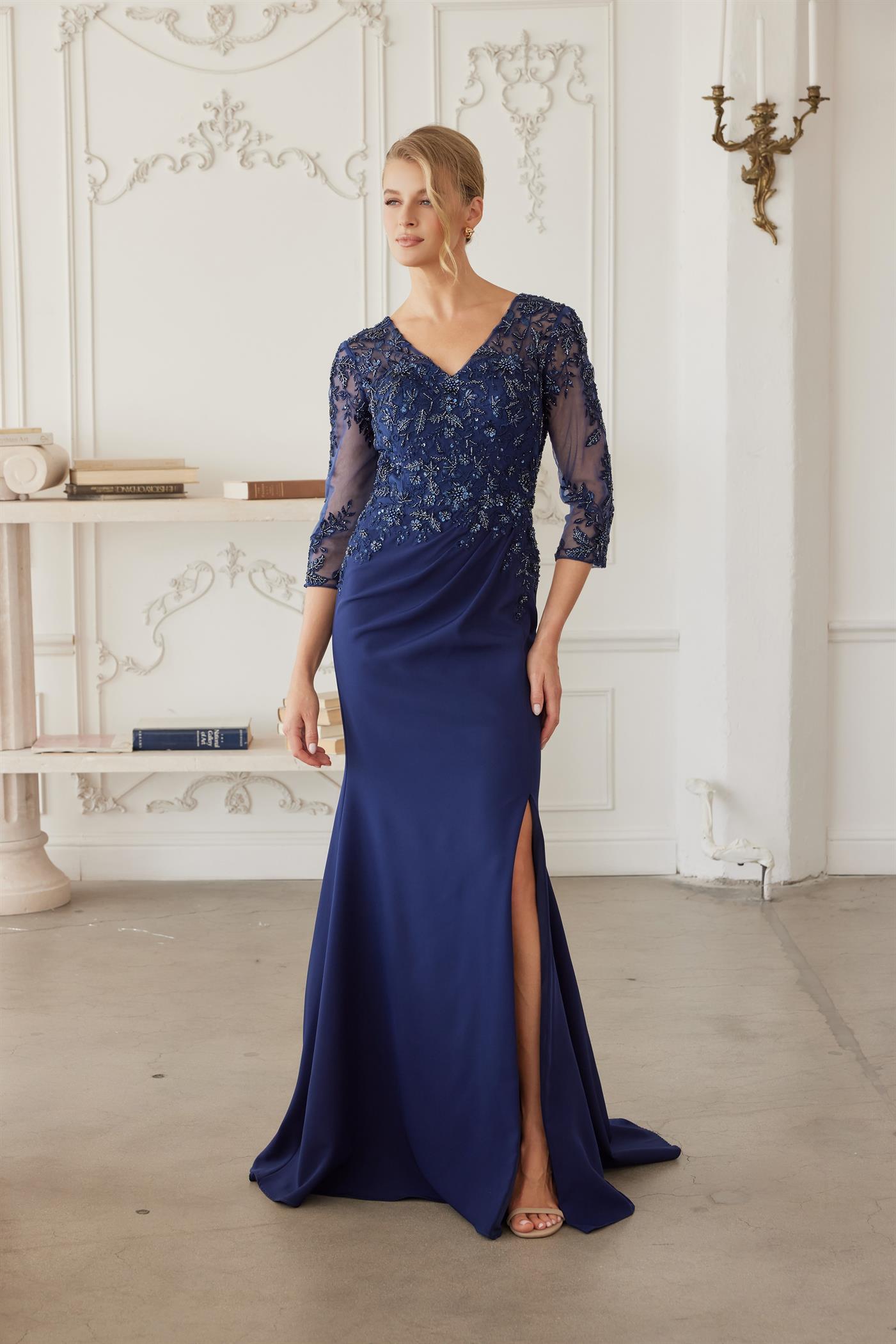 Plus Size Dresses Long Formal Long Sleeve Sequin Mother of the Bride Dress Navy Blue