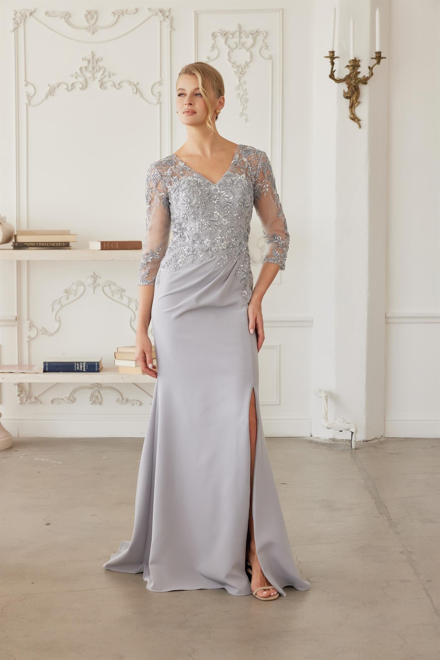 Plus Size Dresses Long Formal Long Sleeve Sequin Mother of the Bride Dress Silver