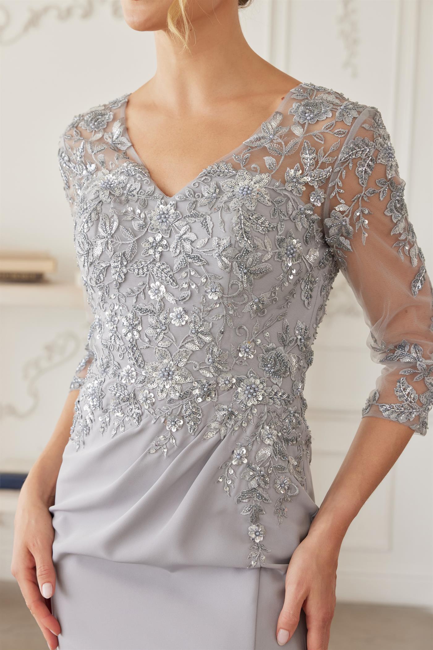 Plus Size Dresses Long Formal Long Sleeve Sequin Mother of the Bride Dress Silver