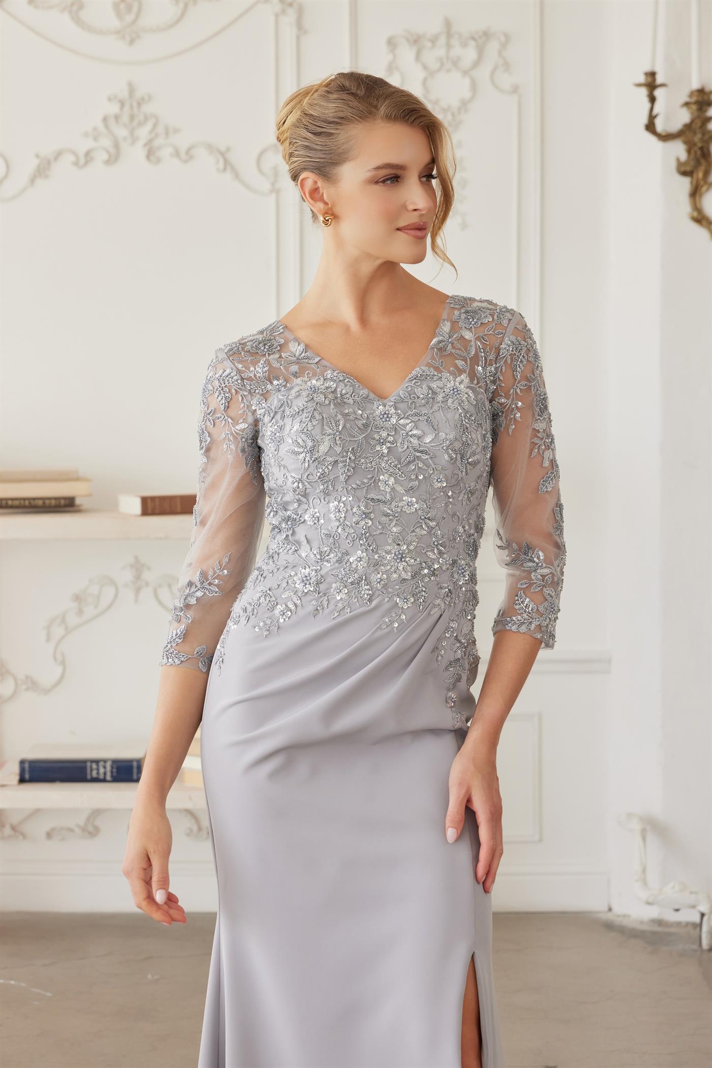 Plus Size Dresses Long Formal Long Sleeve Sequin Mother of the Bride Dress Silver