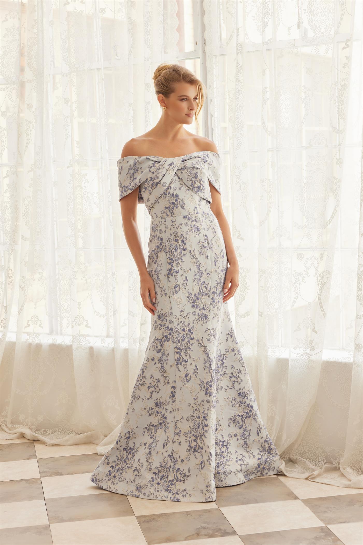 Plus Size Dresses Long Formal Floral Print Mother of the Bride Dress Blue