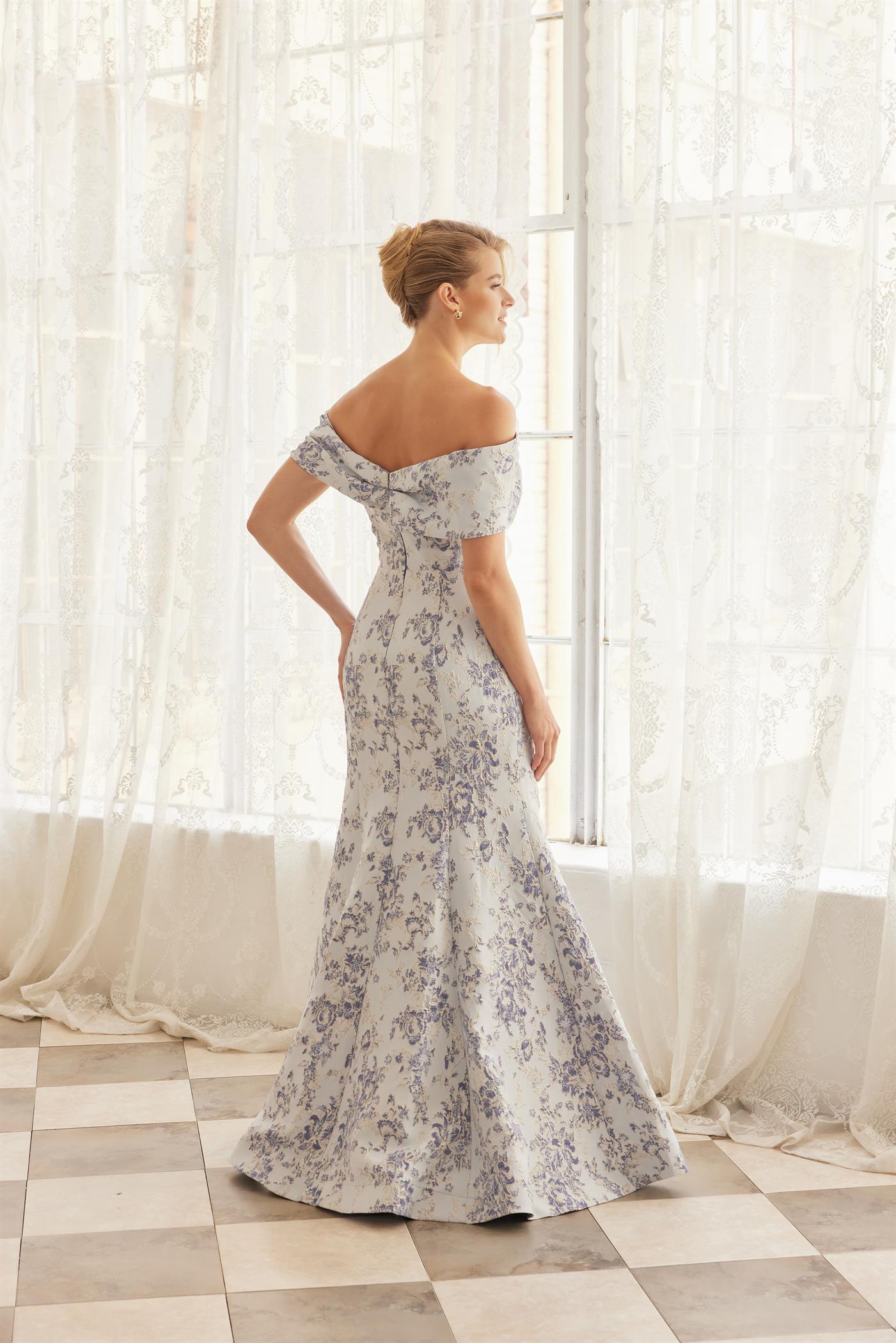 Plus Size Dresses Long Formal Floral Print Mother of the Bride Dress Blue