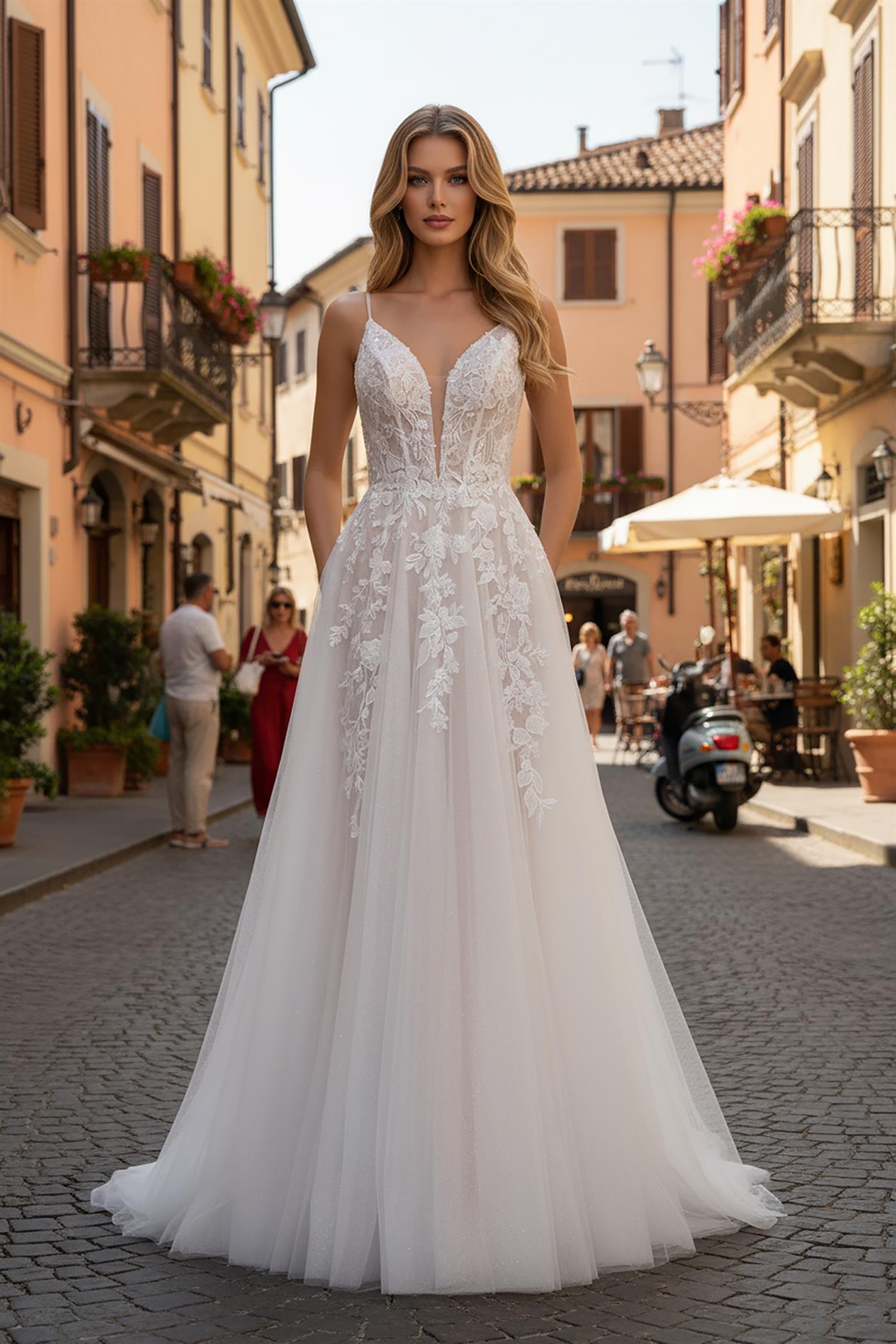 Lace Applique Long A Line Floral Wedding Dress Nox Anabel JE1072L