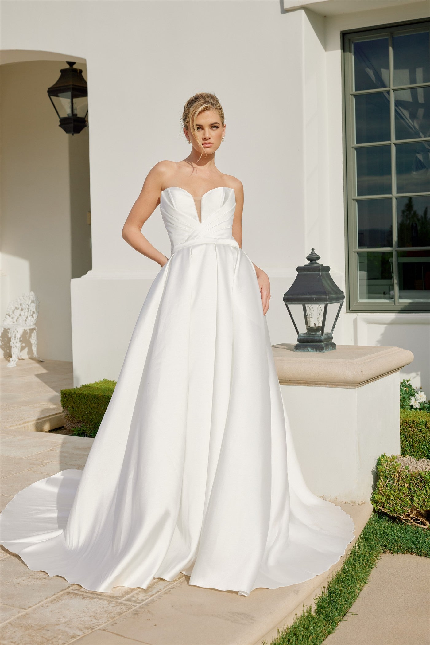 pleated neckline wedding dress ZAPAKA Women Ivory Pleated Wedding Dress Long Sleeve V Neck Sheath Long Bridal Dress, Ivory / US4