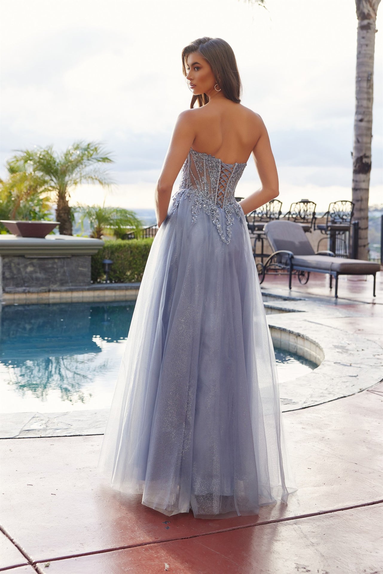 Prom Dresses Long Formal Corset Lace Applique Prom Dress Smoky Blue