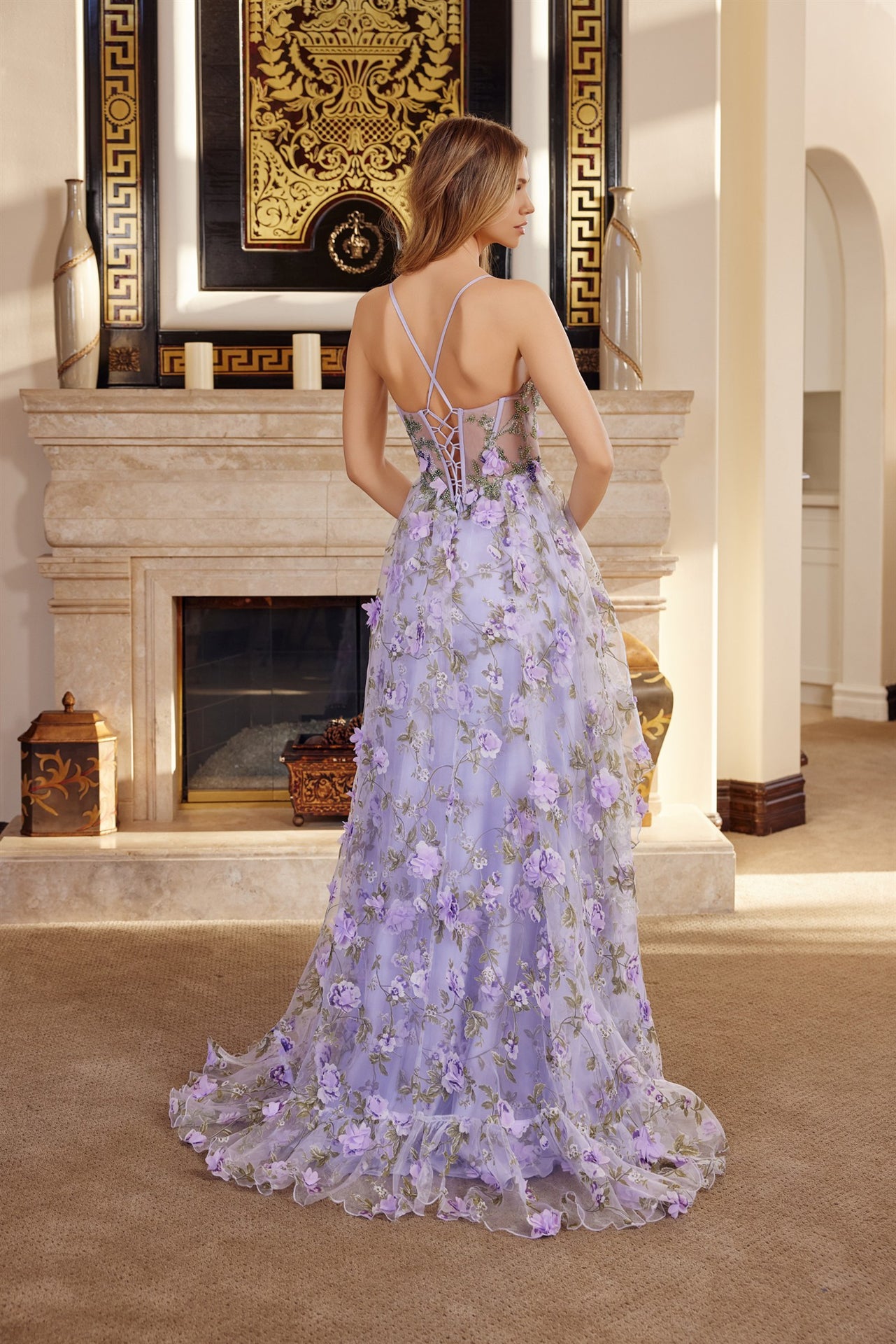 Prom Dresses Long Formal 3D Floral Applique Prom Dress Lilac