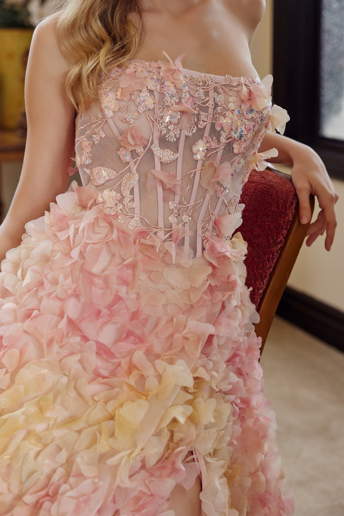 Prom Dresses Long Formal 3D Floral Applique Evening Prom Dress Yellow/Orange
