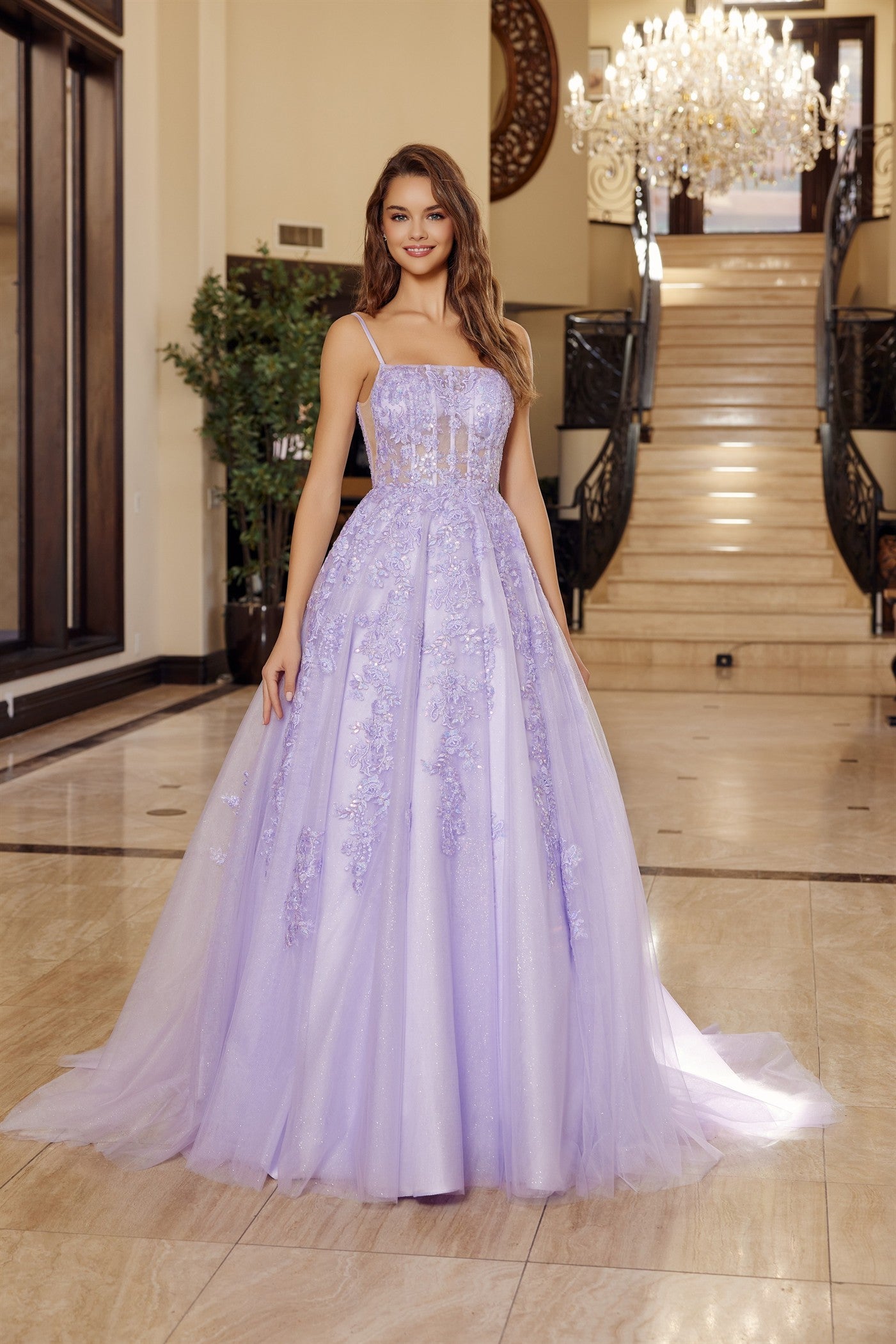 Prom Dresses Long Formal Lace Applique Evening Prom Dress Lilac