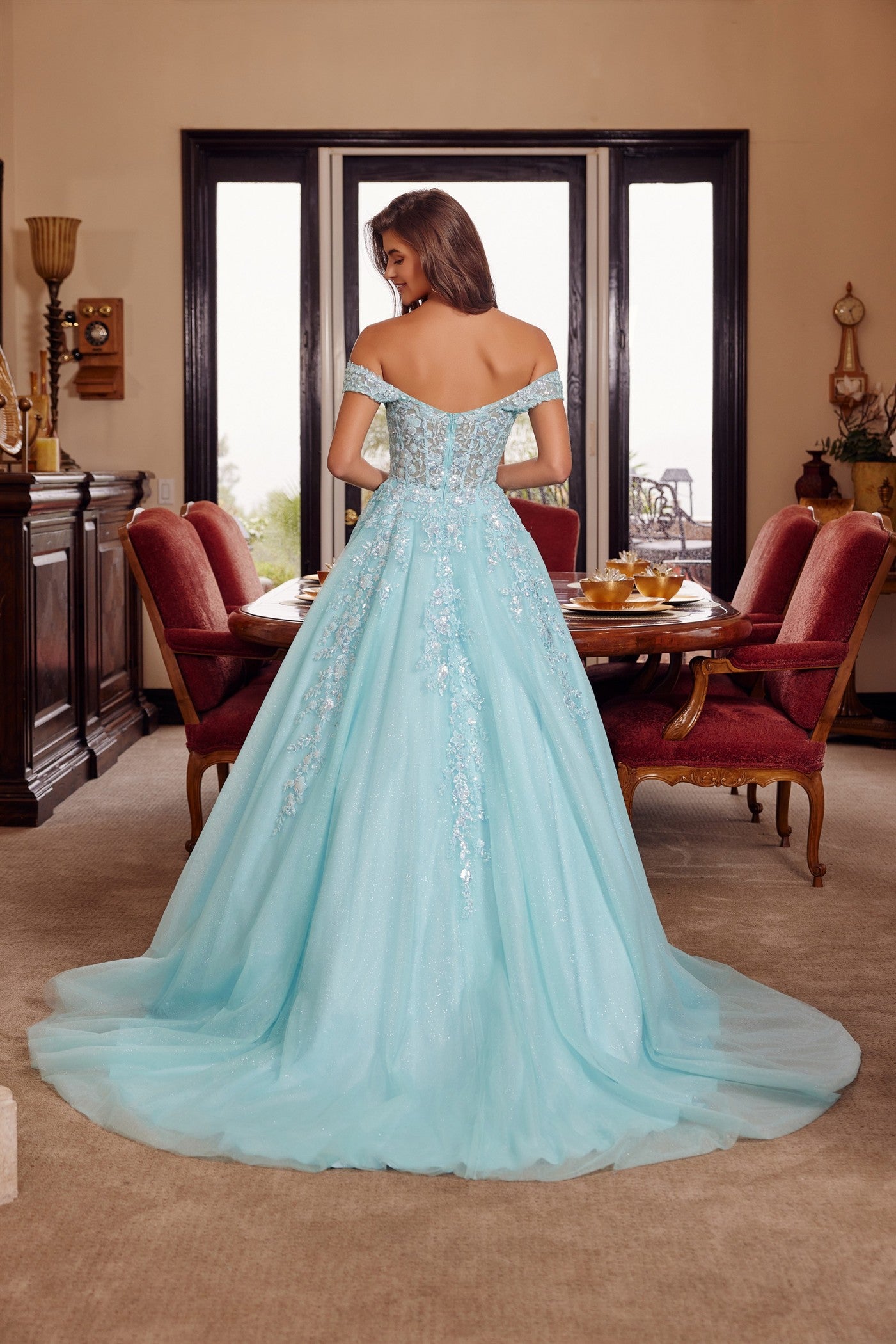 Prom Dresses Long Formal Lace Applique Corset Prom Dress Aqua