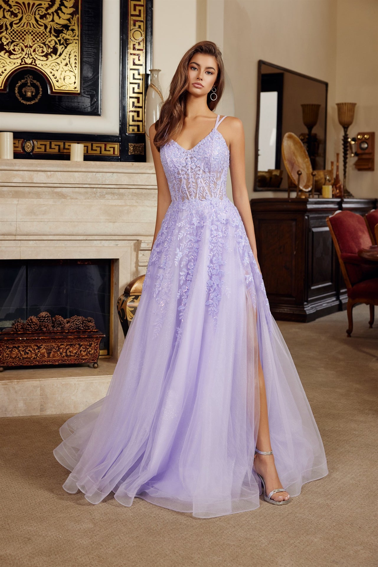 Prom Dresses Long Formal Lace Applique Prom Evening Dress Lilac