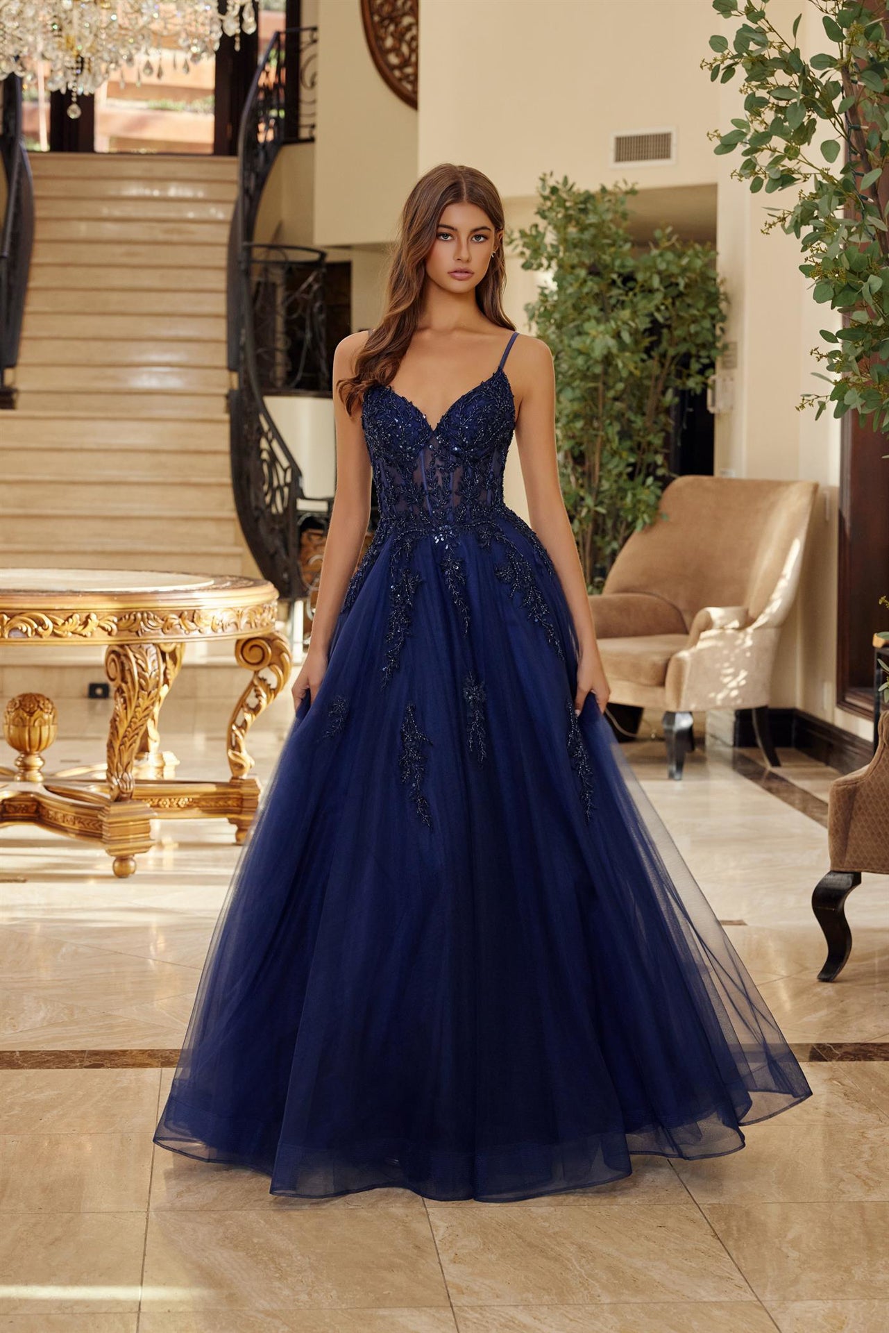 Prom Dresses Long Formal Lace Applique Evening Corset Prom Dress Navy Blue
