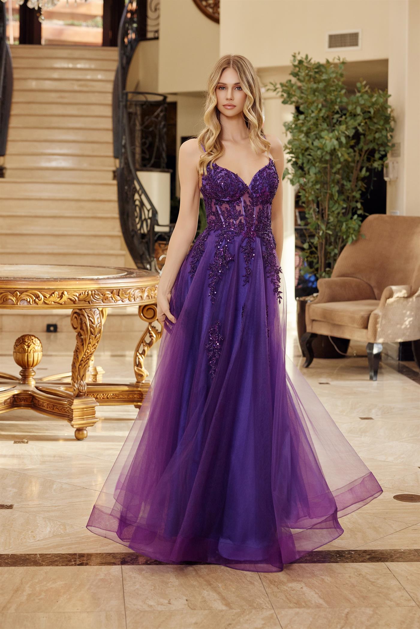 Prom Dresses Long Formal Lace Applique Evening Corset Prom Dress Plum