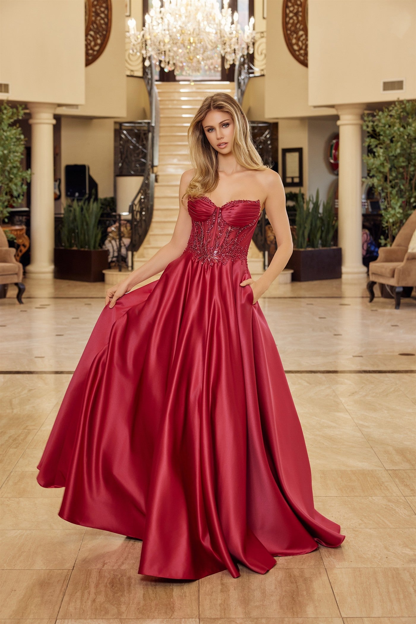Beaded-Corset Long A-Line Prom Dress with Pockets Burgundy / 2