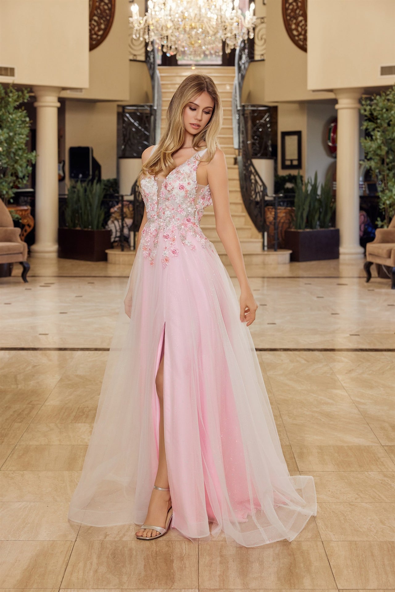 Prom Dresses Long Formal Evening A Line Floral Applique Prom Dress Baby Pink