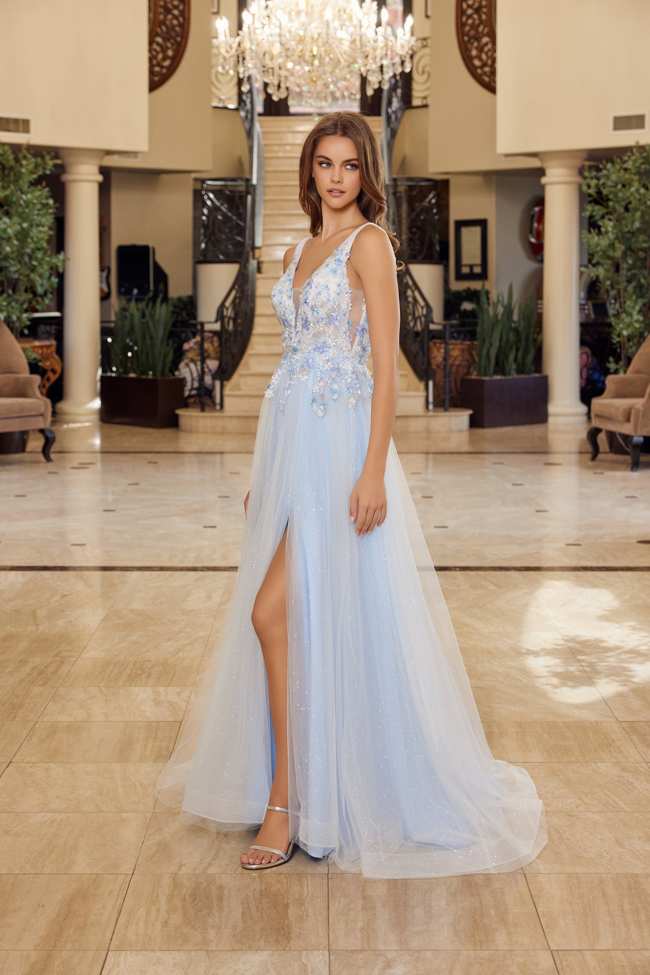 Prom Dresses Long Formal Evening A Line Floral Applique Prom Dress Blue
