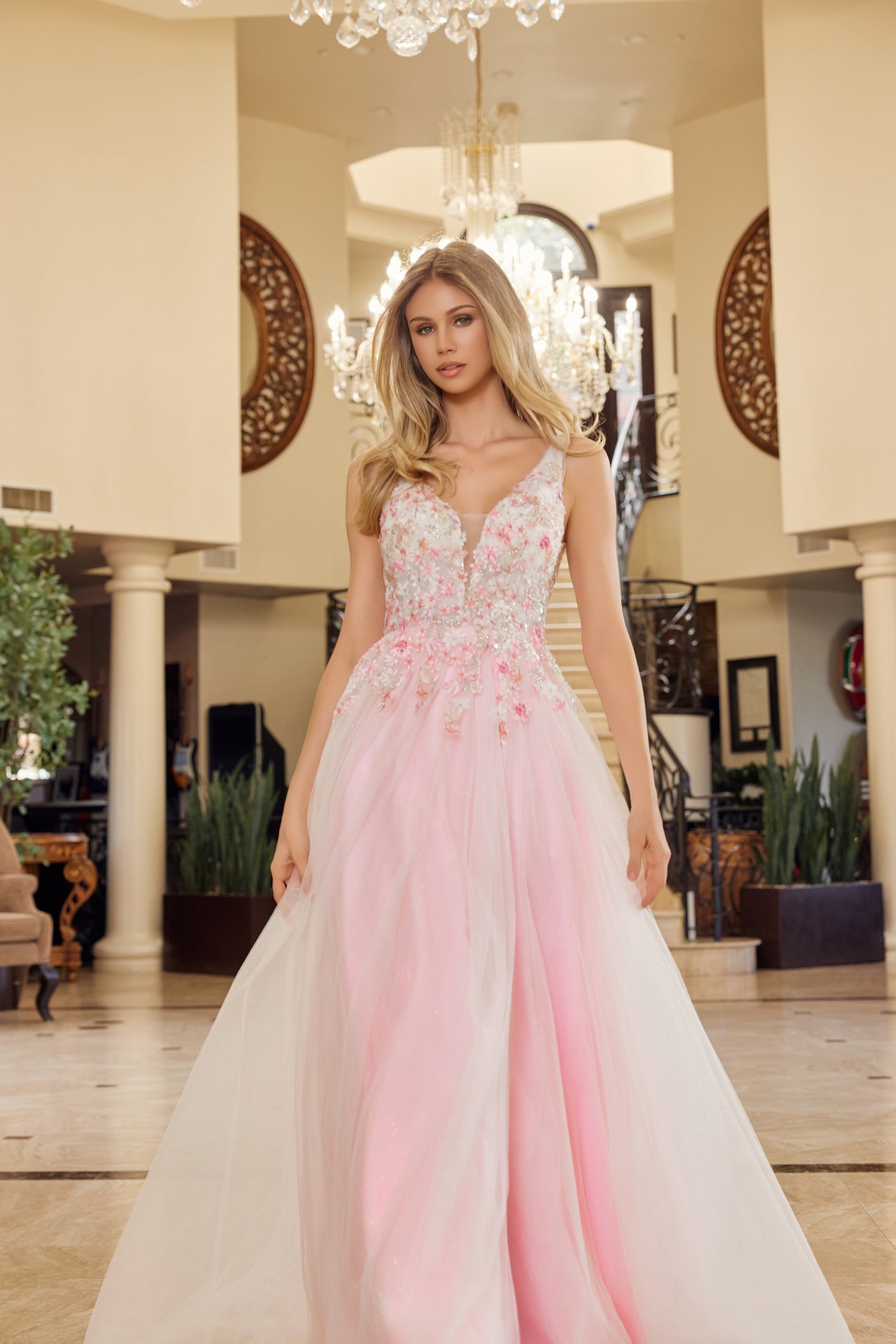 Prom Dresses Long Formal Evening A Line Floral Applique Prom Dress Baby Pink