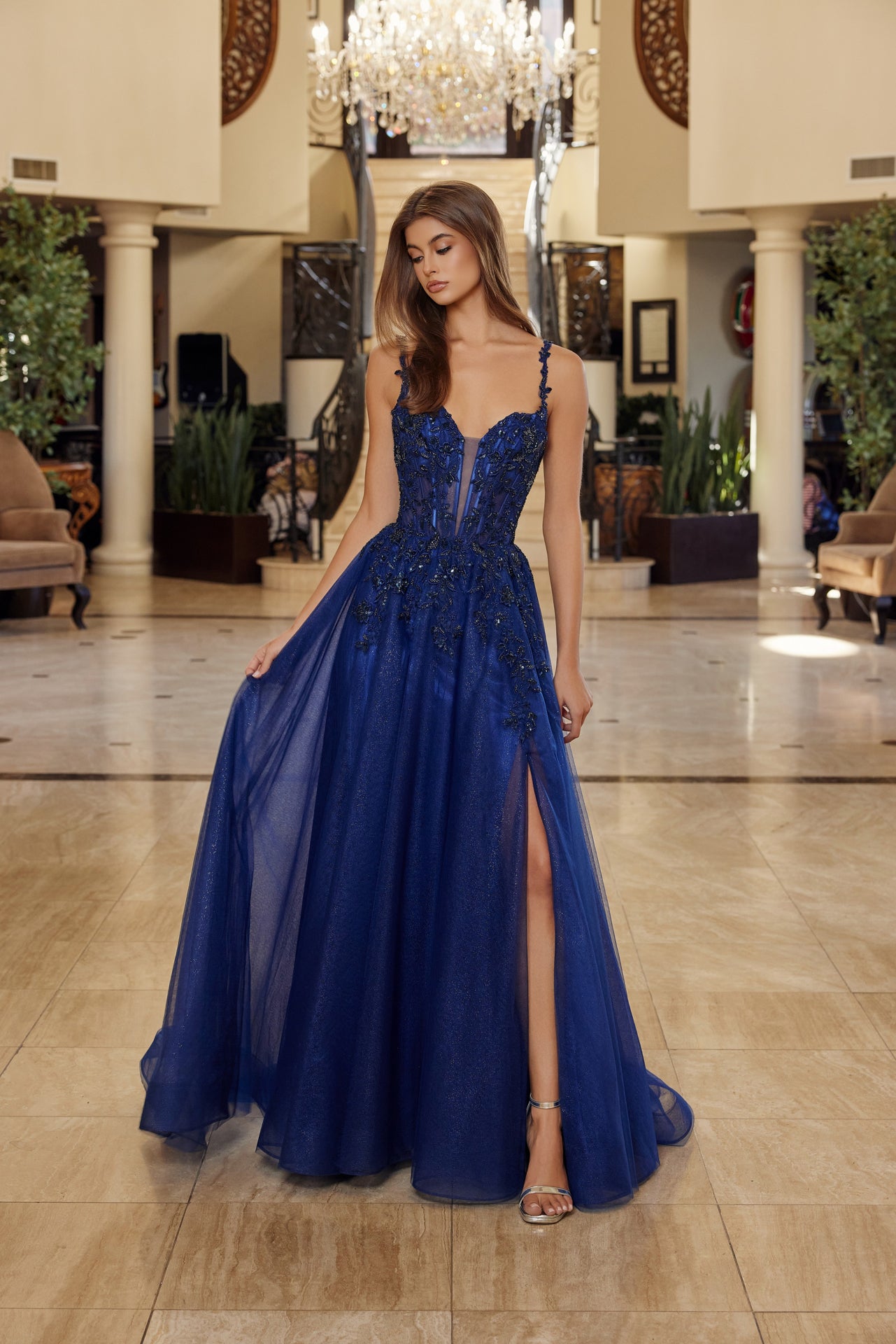 Prom Dresses Long Formal Beaded Corset Prom Dress Navy Blue