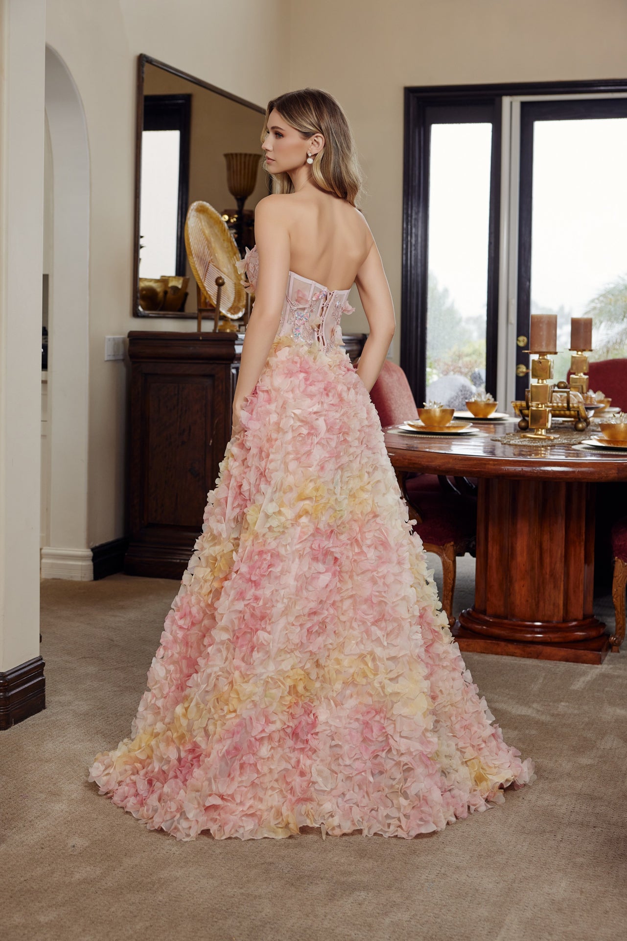 Prom Dresses Long Formal 3D Floral Applique Evening Prom Dress Yellow/Orange