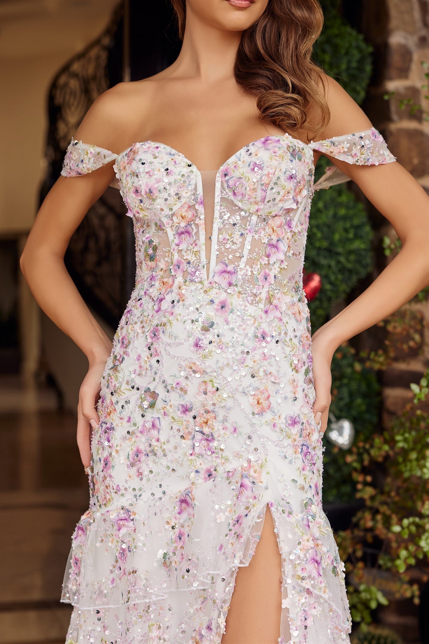 Beaded Long Slit Floral Applique Sequin Wedding Dress Nox Anabel G1916