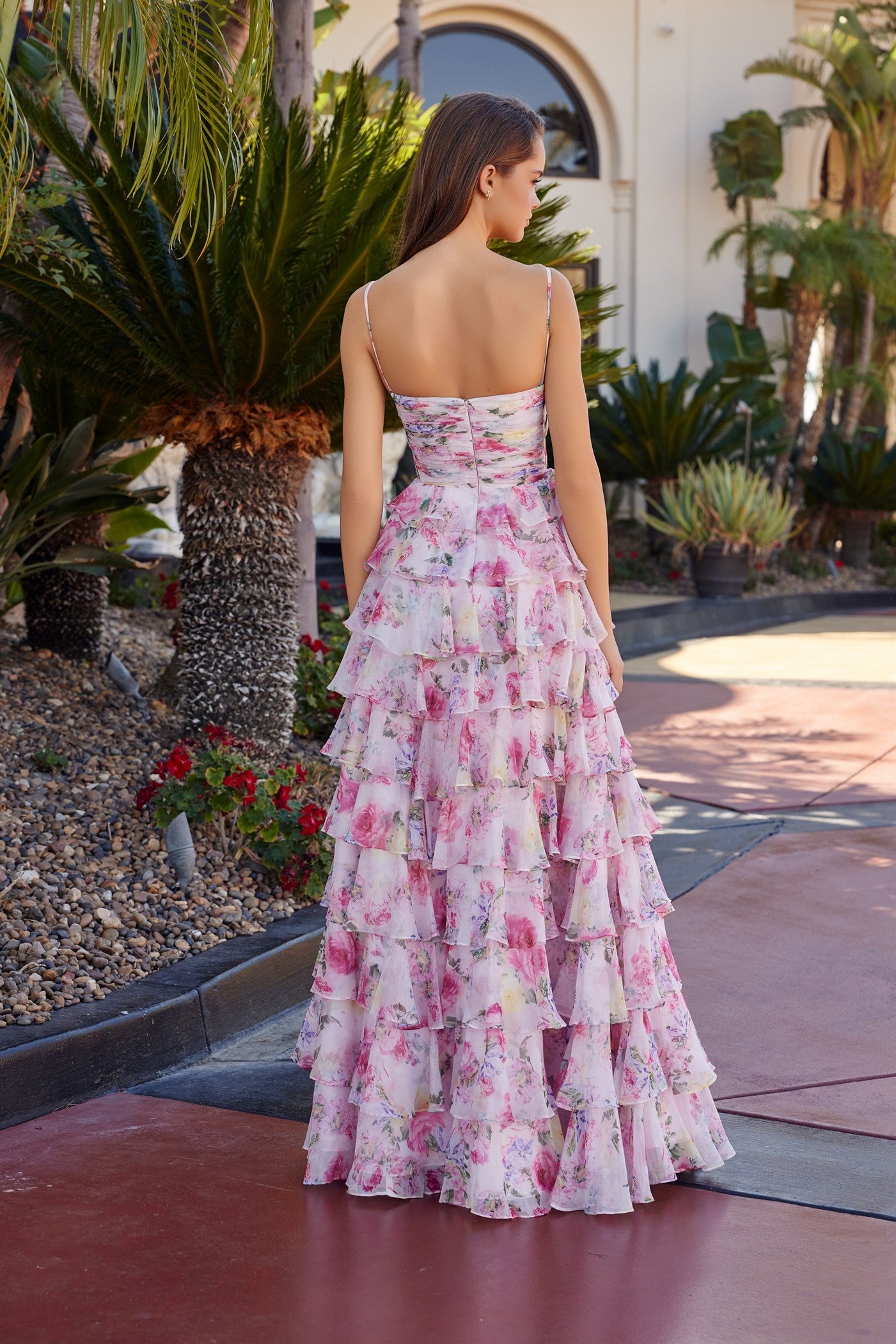 Prom Dresses Pleated Long Formal A Line Ruffle Slit Print Prom Dress Nox Anabel Q1777 Blush Print