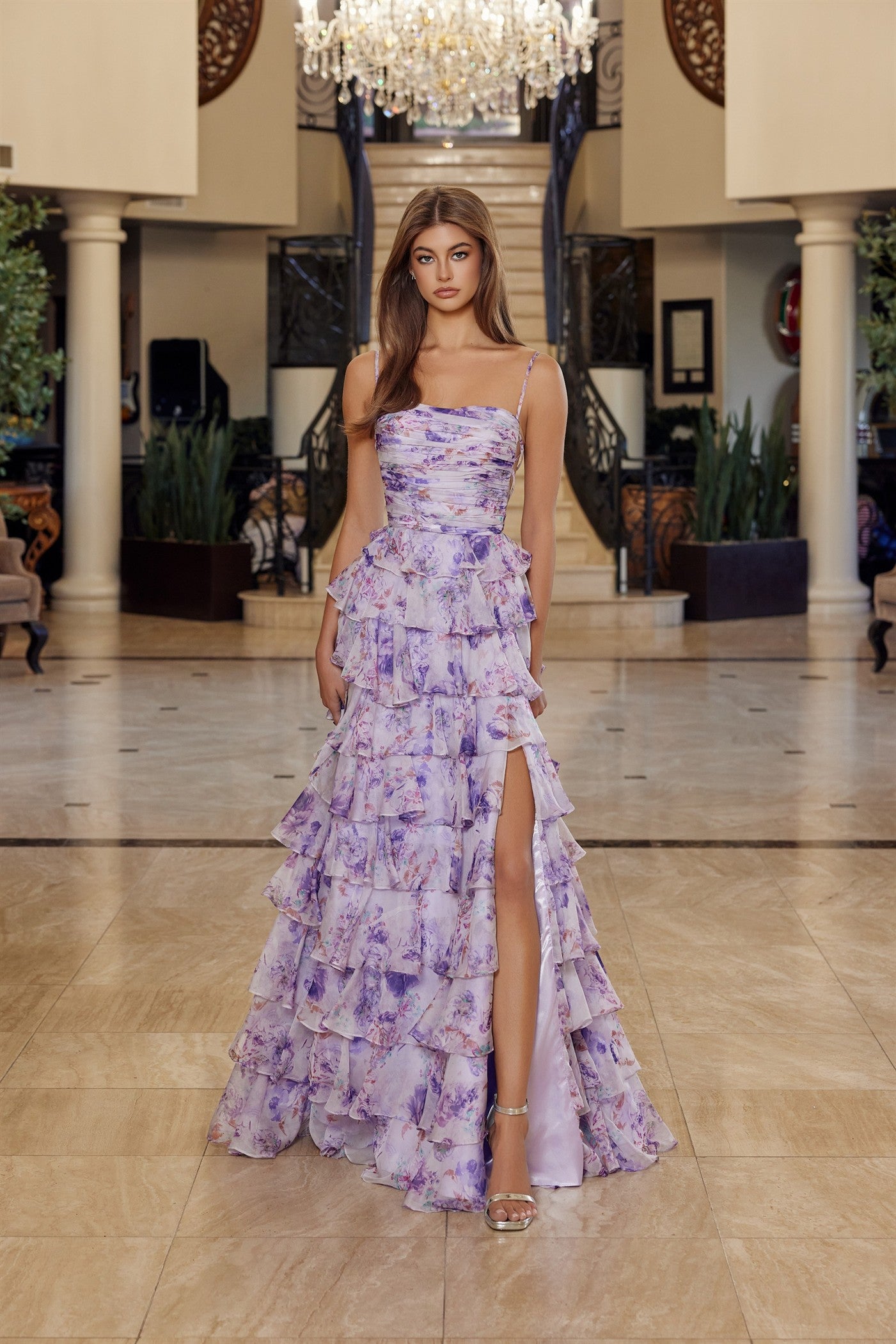 Prom Dresses Pleated Long Formal A Line Ruffle Slit Print Prom Dress Nox Anabel Q1777 Lilac Print