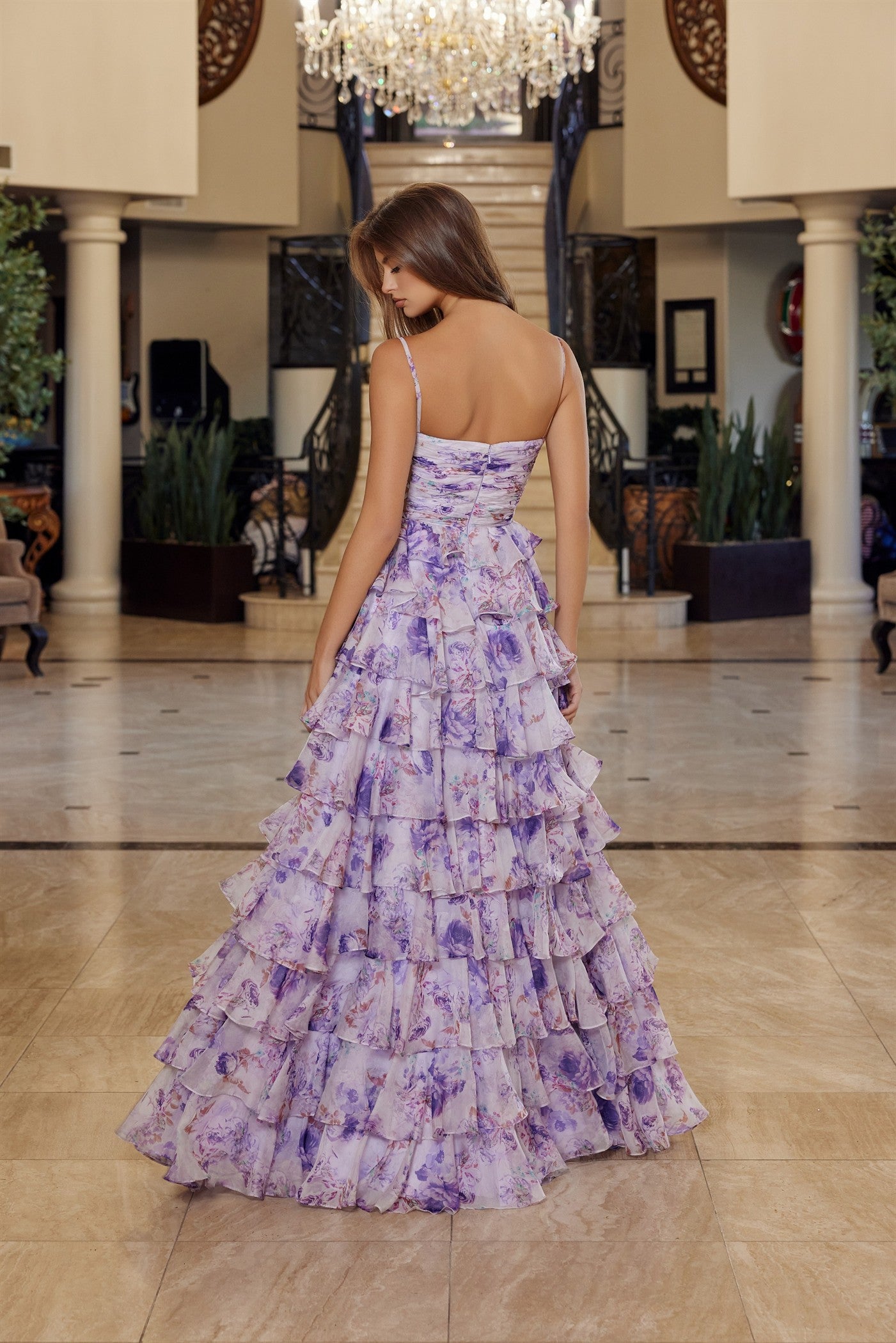 Prom Dresses Pleated Long Formal A Line Ruffle Slit Print Prom Dress Nox Anabel Q1777 Lilac Print