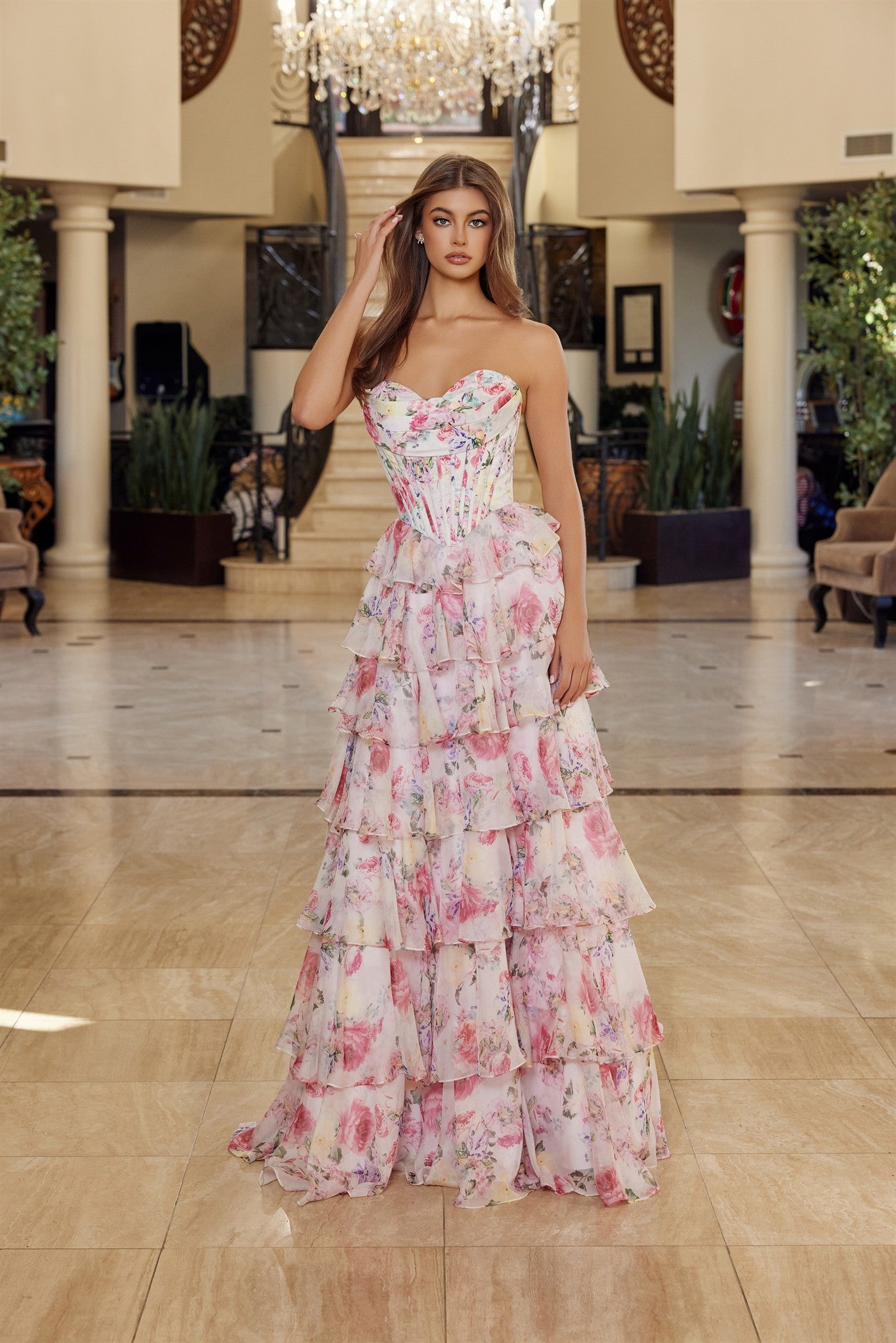 Prom Dresses Corset Long Formal Floral Print Pleated A Line Prom Dress Nox Anabel Q1779 Blush Print