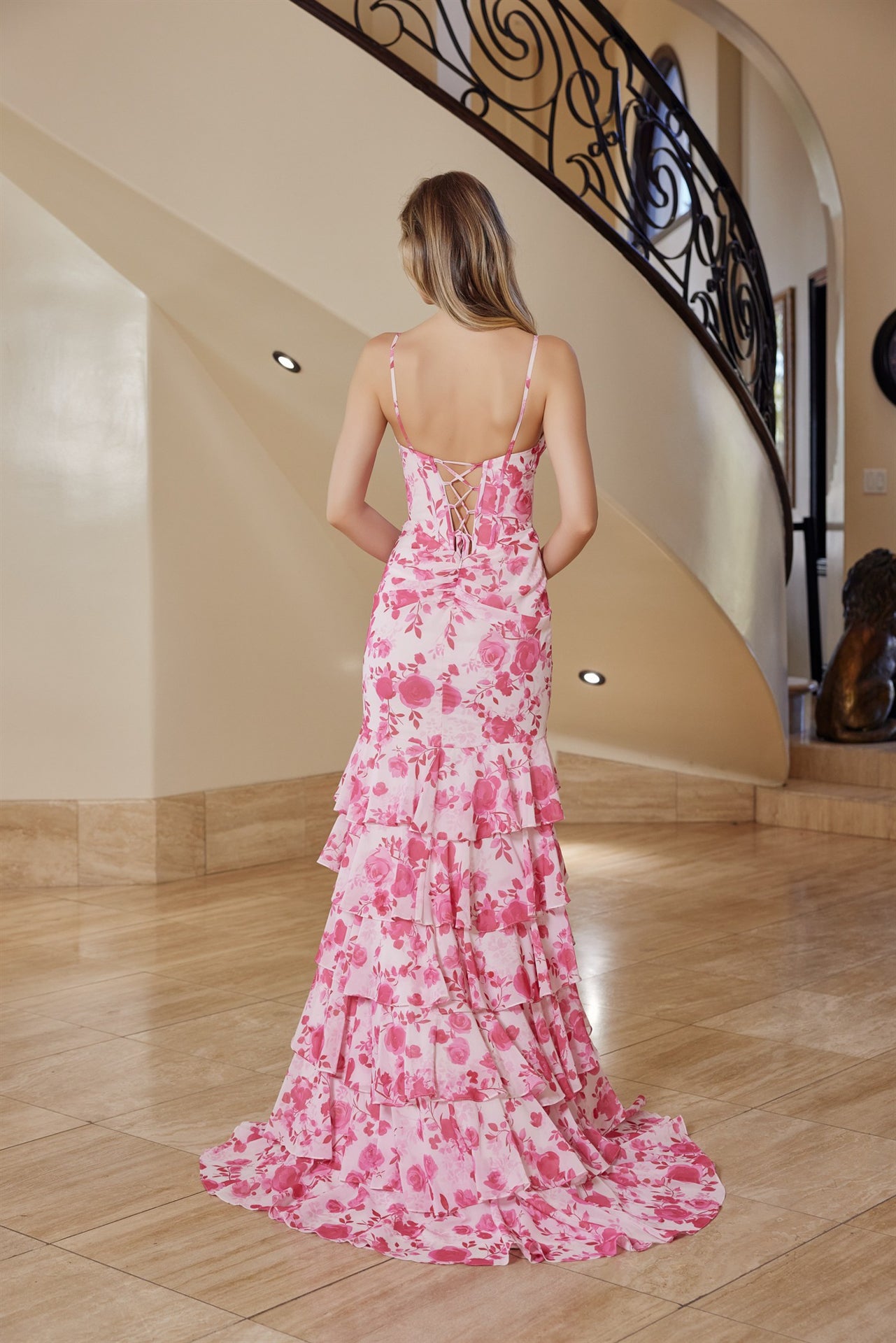 Prom Dresses Long Formal Slit Fitted Ruffle Print Sequin Prom Dress Nox Anabel T1863 Pink