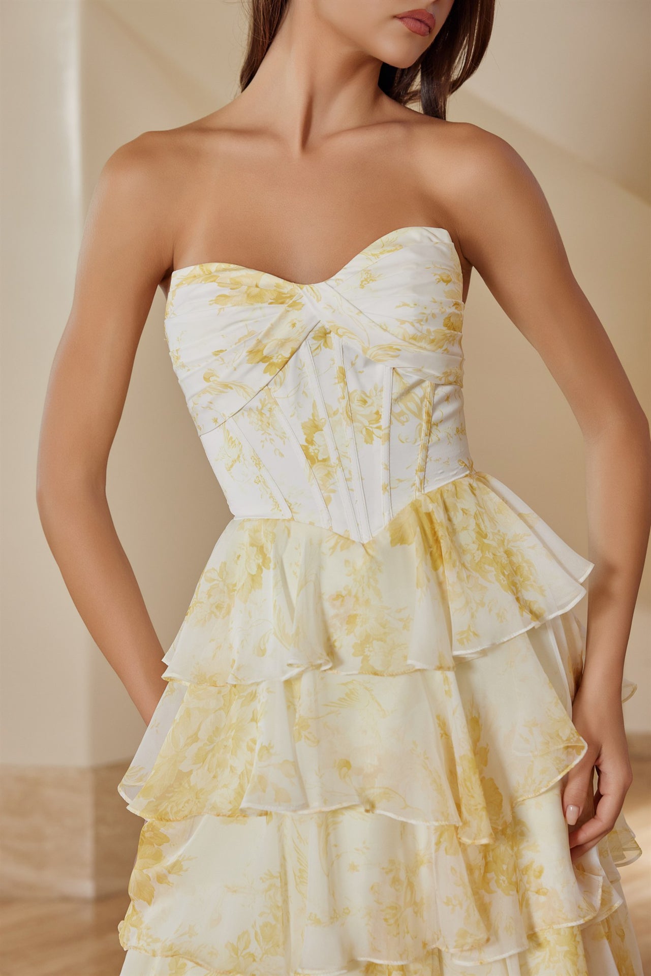 Prom Dresses Ruffle Long Print Formal Slit Corset Pleated Prom Dress Nox Anabel T1865 Yellow Print