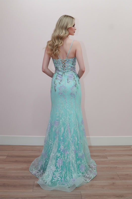 Prom Dresses Beaded Mermaid Fitted Long Formal Glitter Floral Prom Dress Mint Green