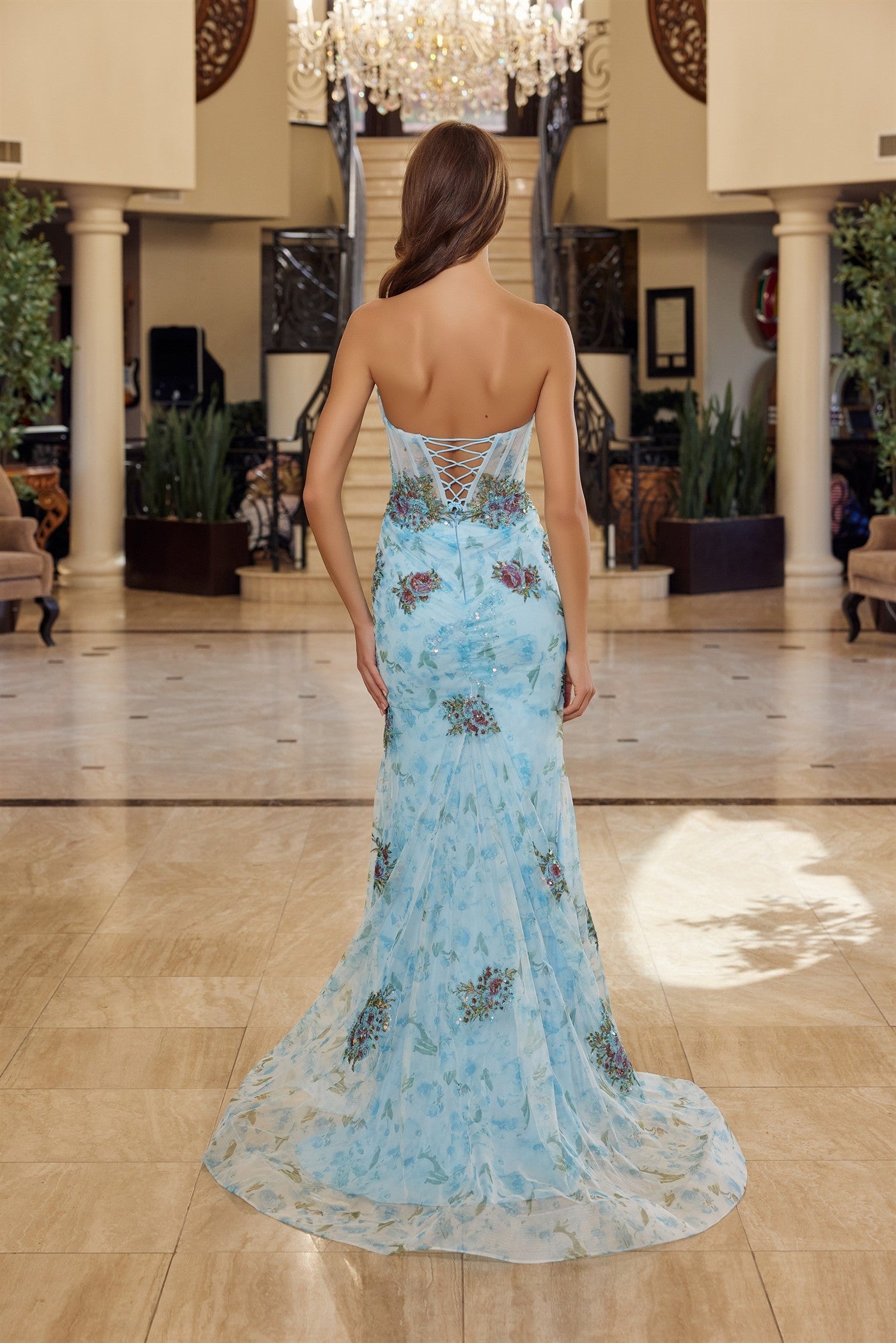 Prom Dresses Fitted Long Formal Corset Floral Print Prom Dress Nox Anabel Y1801 Blue Print