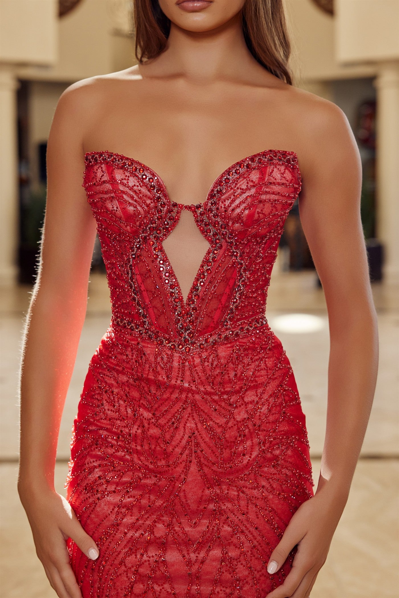 Prom Dresses Long Mermaid Formal Beaded Corset Fitted Prom Dress Red/Nude