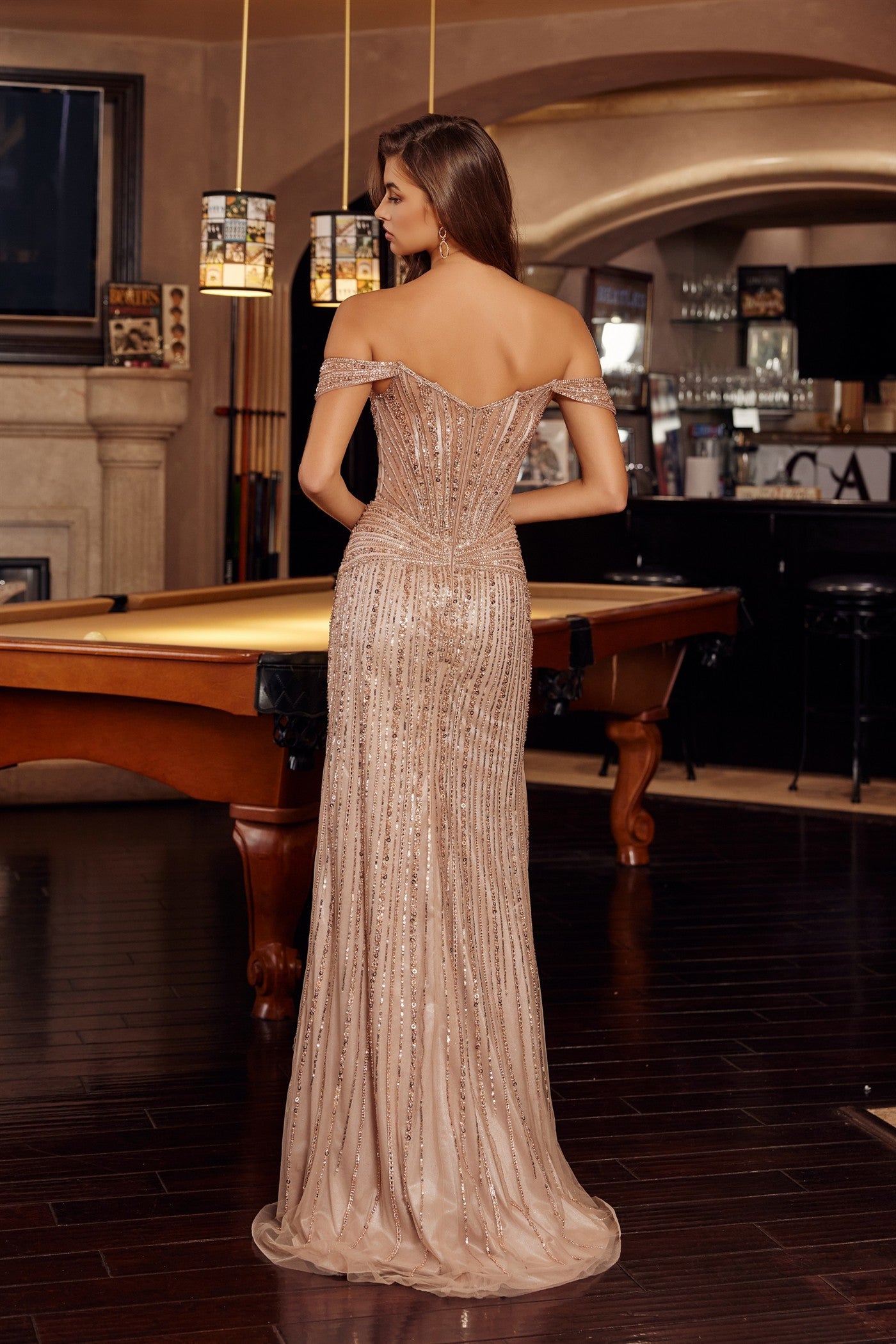 Prom Dresses Long Sequin Formal Beaded Slit Prom Dress Nox Anabel F1728 Mocha Gold