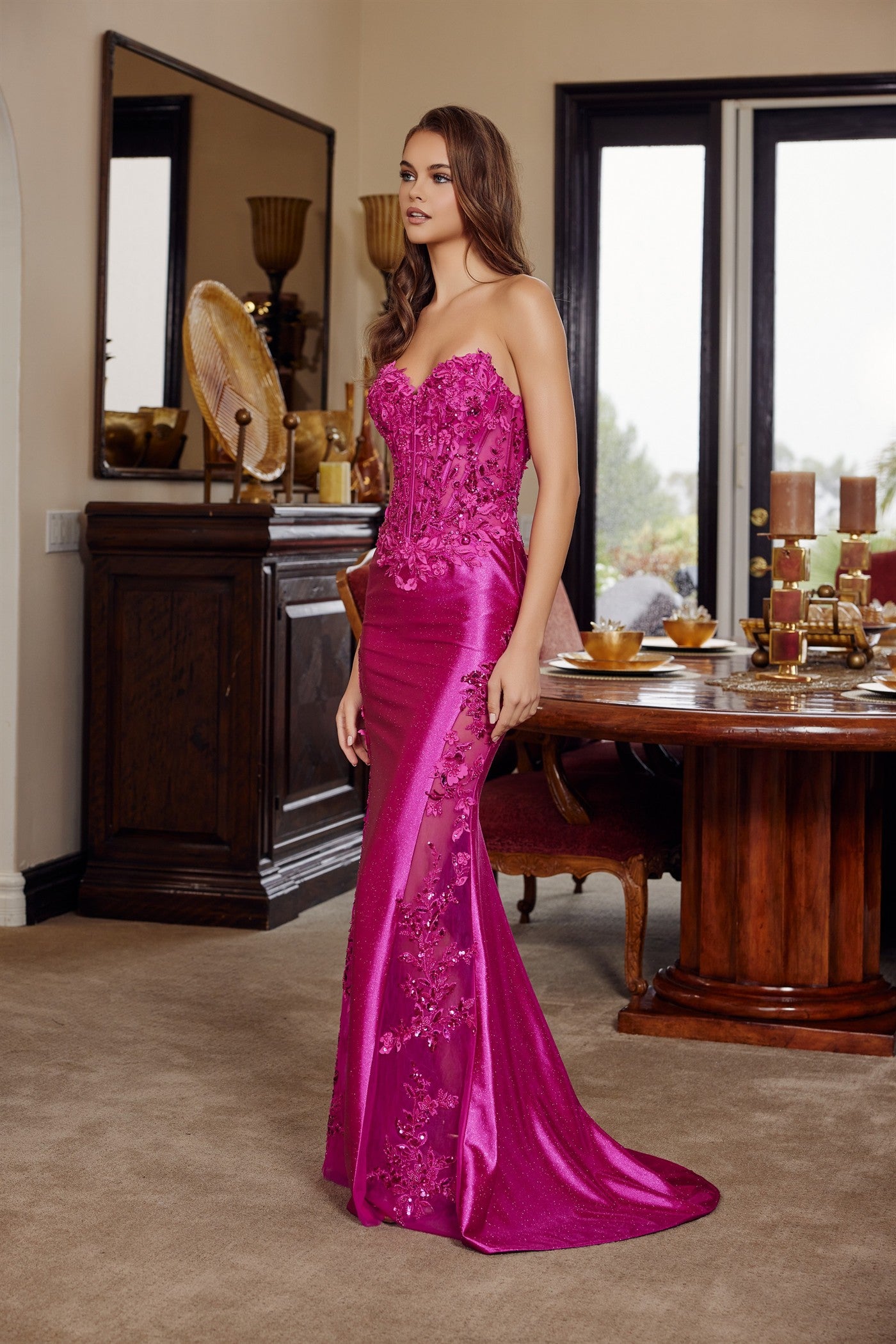 Prom Dresses Mermaid Long Formal Glitter Corset Floral Applique Prom Dress Nox Anabel E1894 Fuchsia