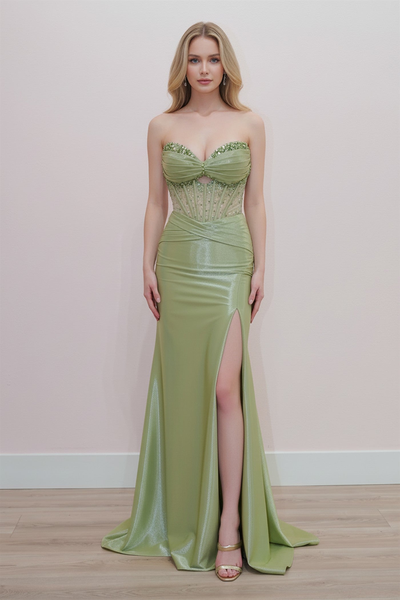 Prom Dresses Long Formal Beaded Corset Slit Prom Dress Nox Anabel K1732 Sage Green