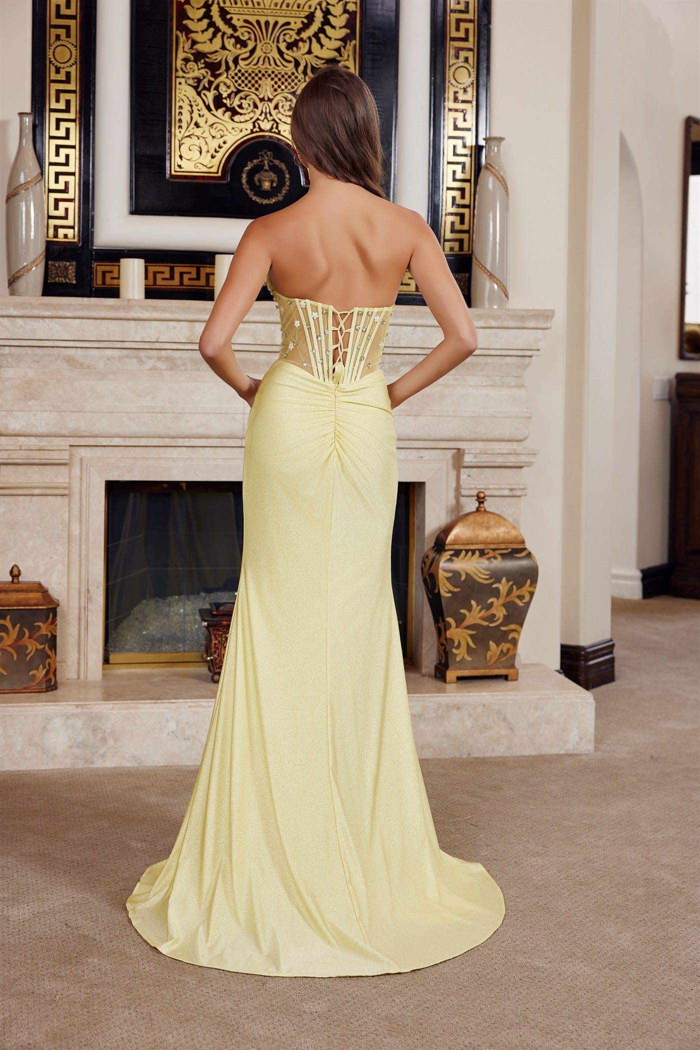 Prom Dresses Beaded Evening Long Formal Corset Slit Sequin Prom Dress Nox Anabel K1736 Lemon