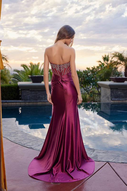 Prom Dresses Evening Long Formal Pleated Slit Prom Dress Nox Anabel L1771 Burgundy