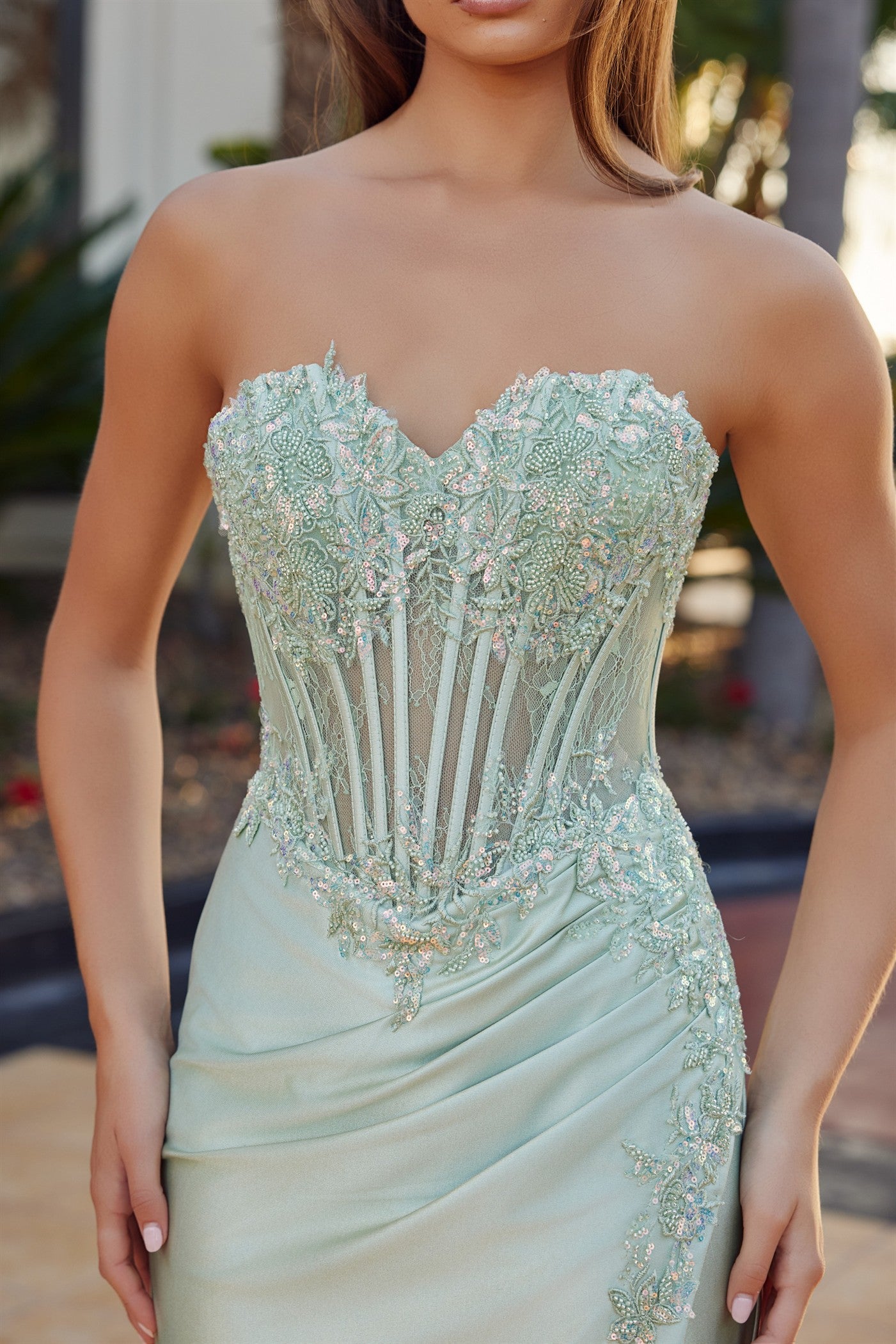 Prom Dresses Long Formal Fitted Beaded Sequin Slit Evening Prom Dress Nox Anabel R1811 Sage Green       