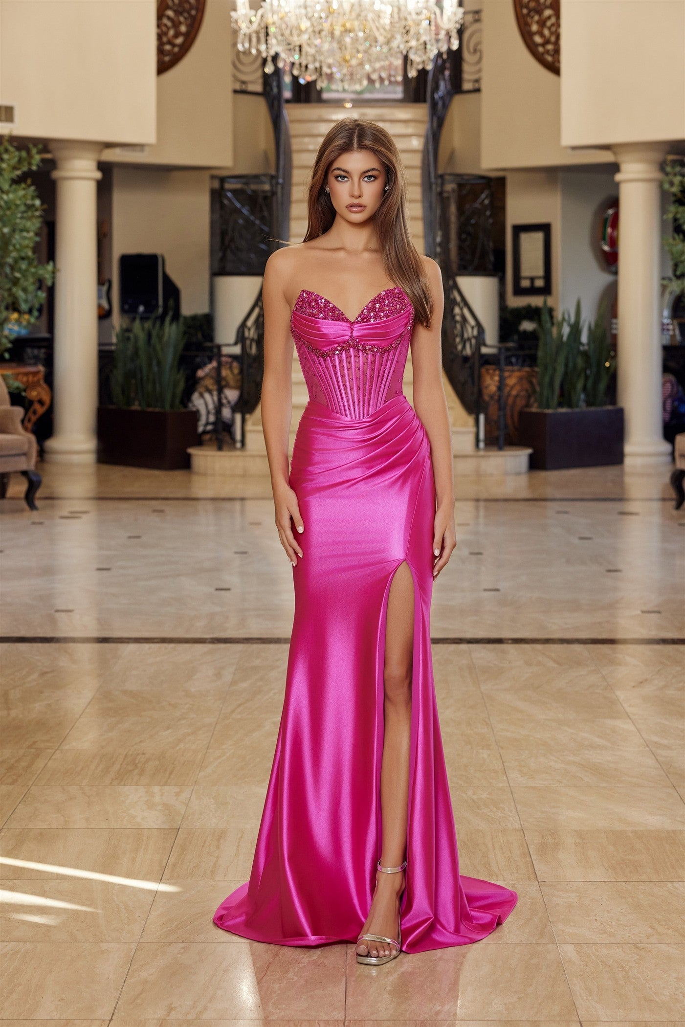 Prom Dresses Long Evening Formal Fitted Slit Prom Dress Nox Anabel R1812 Fuchsia