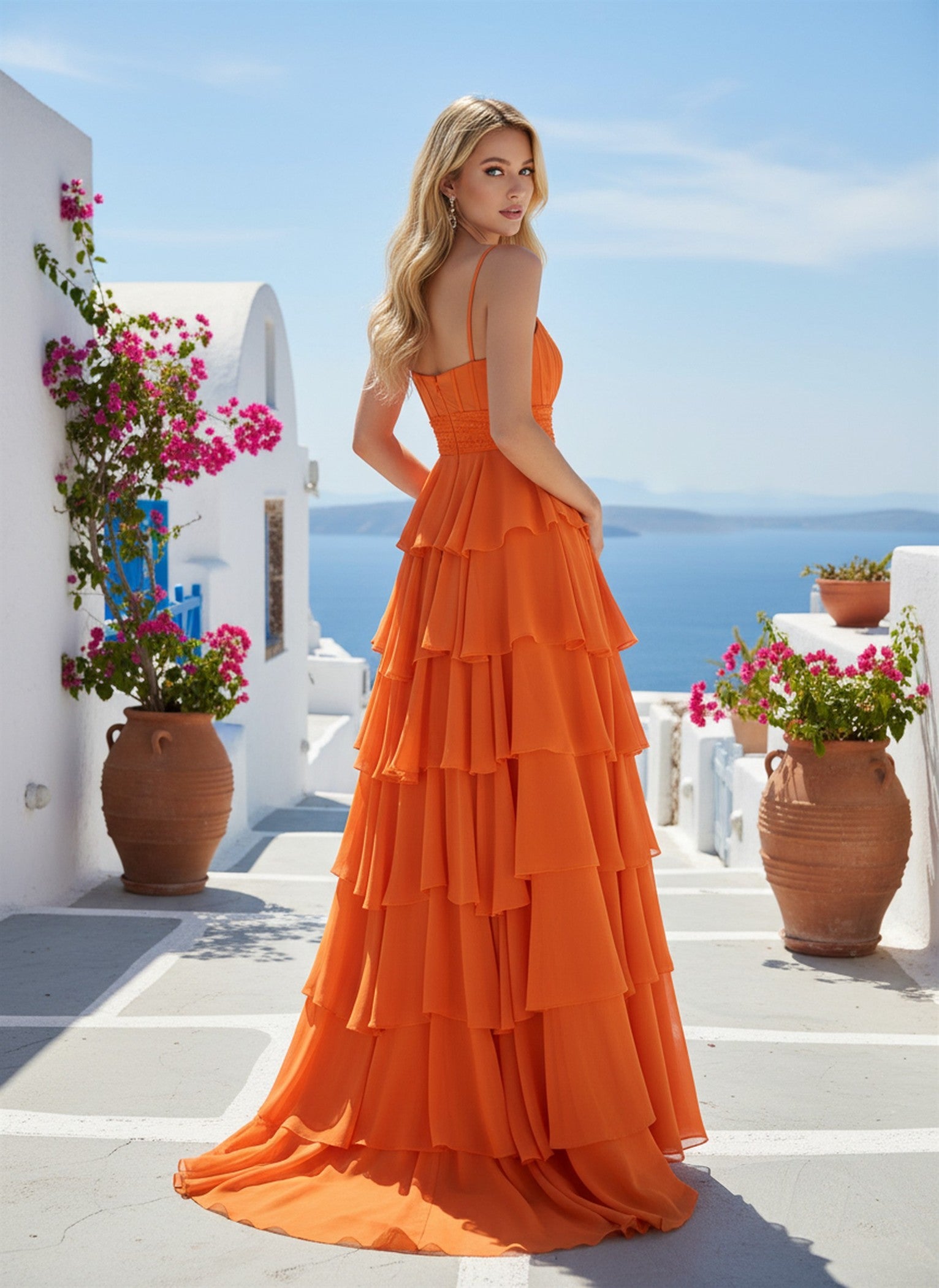 Sweetheart Tiered Chiffon Formal Gown by Nox Anabel Y1809 in Orange