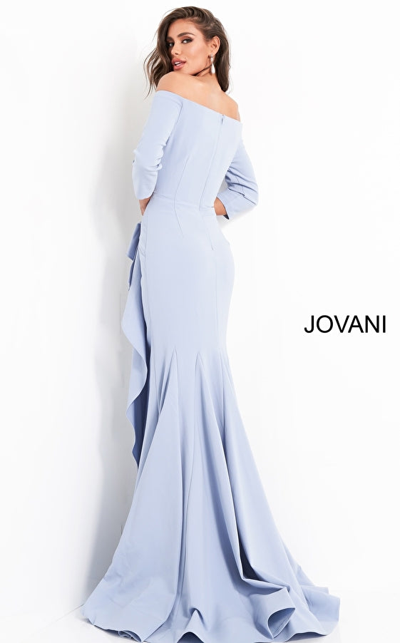 JVN By Jovani Off Shoulder Ruched Long Gown JVN02035 - The Dress Outlet Jovani Light Blue