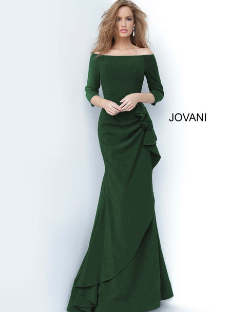 JVN By Jovani Off Shoulder Ruched Long Gown JVN02035 - The Dress Outlet Jovani Emerald