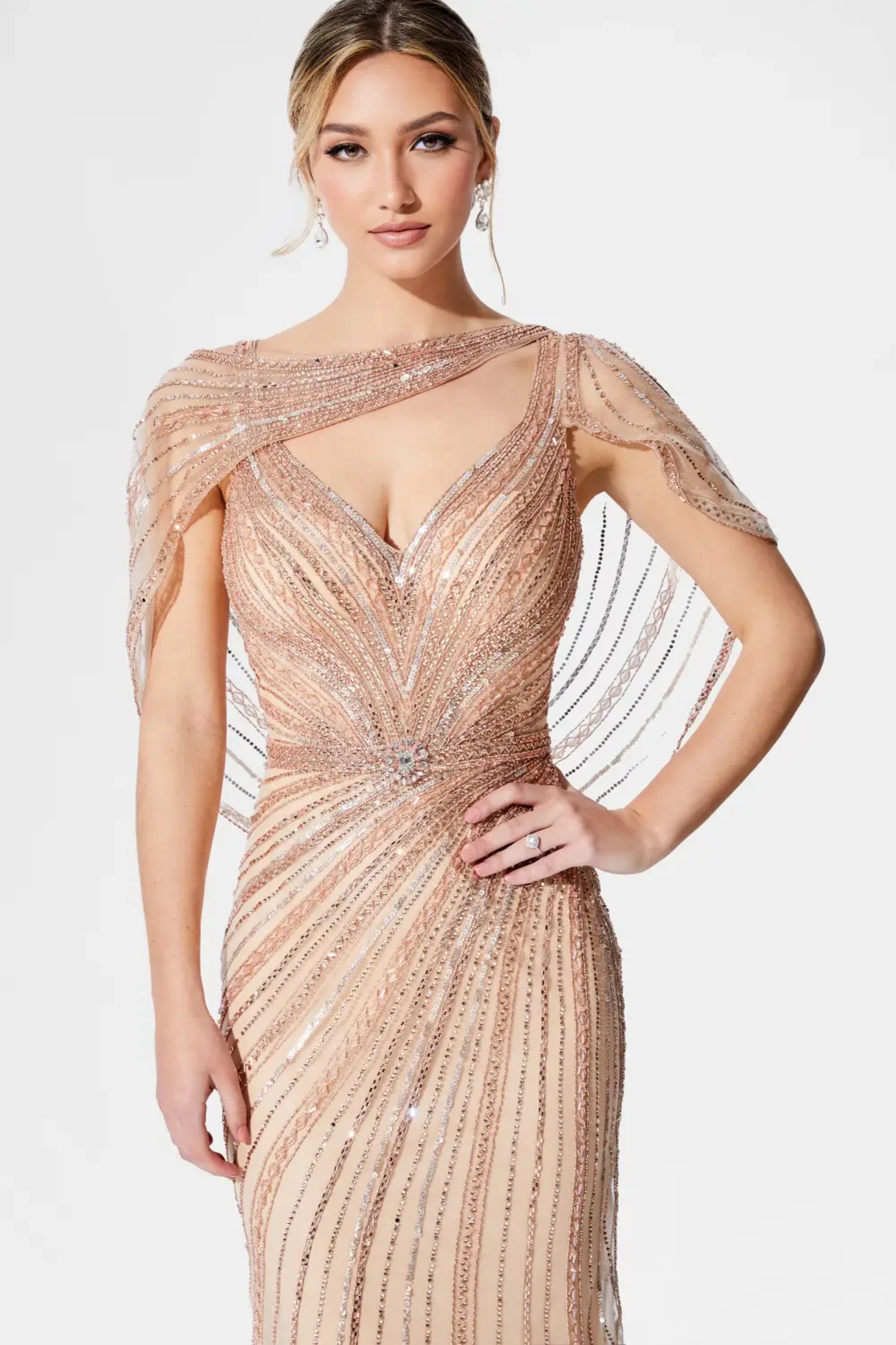 Formal Dresses Beaded Long Formal Cape Evening Dress Rose Gold