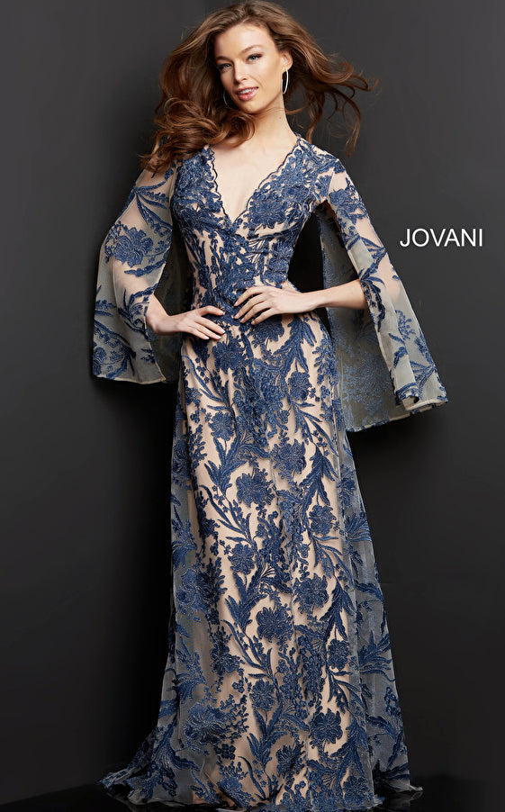 Jovani 00752 Long Sleeve Sleeve Mother of the Bride Gown - Navy/Nude / 22 Jovani 00752 Long Sleeve Sleeve Mother of the Bride Gown - Navy/Nude / 22