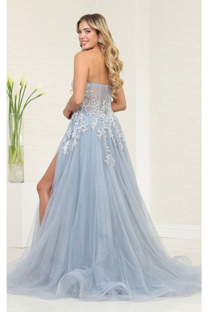 Dusty Blue Strapless Floor-Length Tulle Prom Dress High Slit May Queen RQ8135