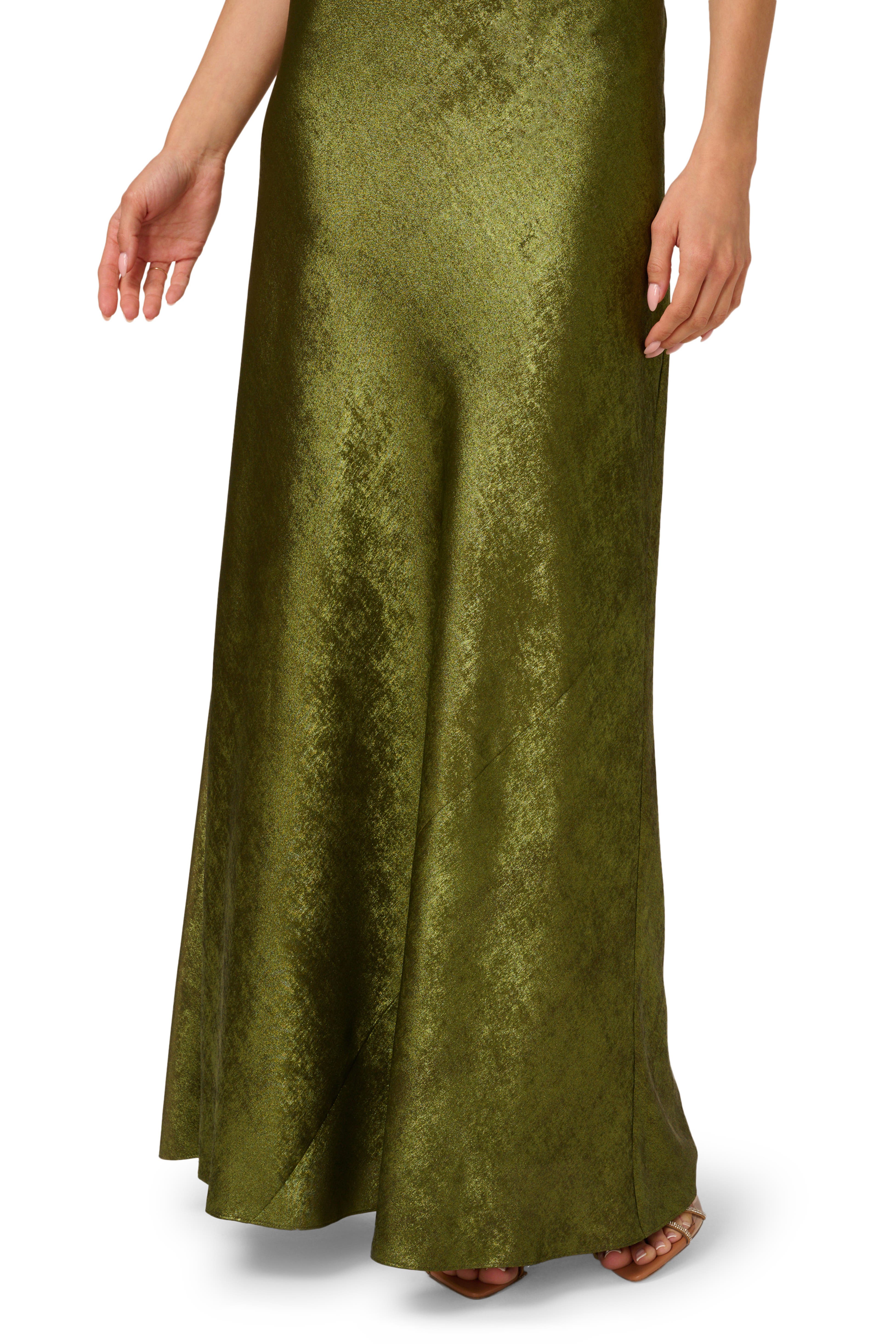 Dark Olive Adrianna Papell ADAE212451 Cowl Neck Floor-Length Metallic Jacquard Formal Gown