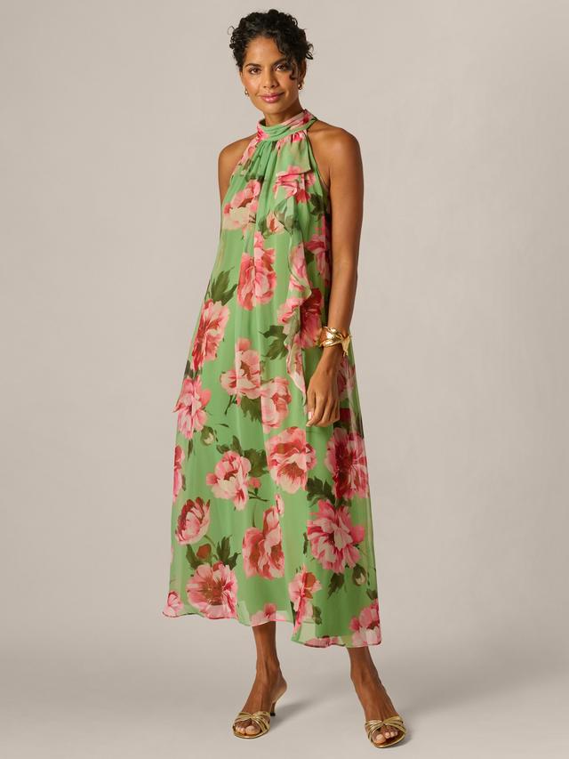Draped Floral Chiffon Halter Trapeze Gown Adrianna Papell AP1E213278